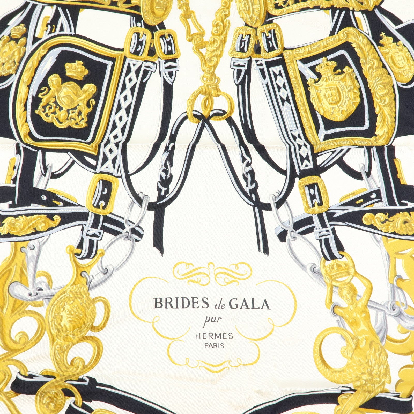 HERMES Carre 90 Silk 100% BRIDES DE GALA Scarf Black White Gold