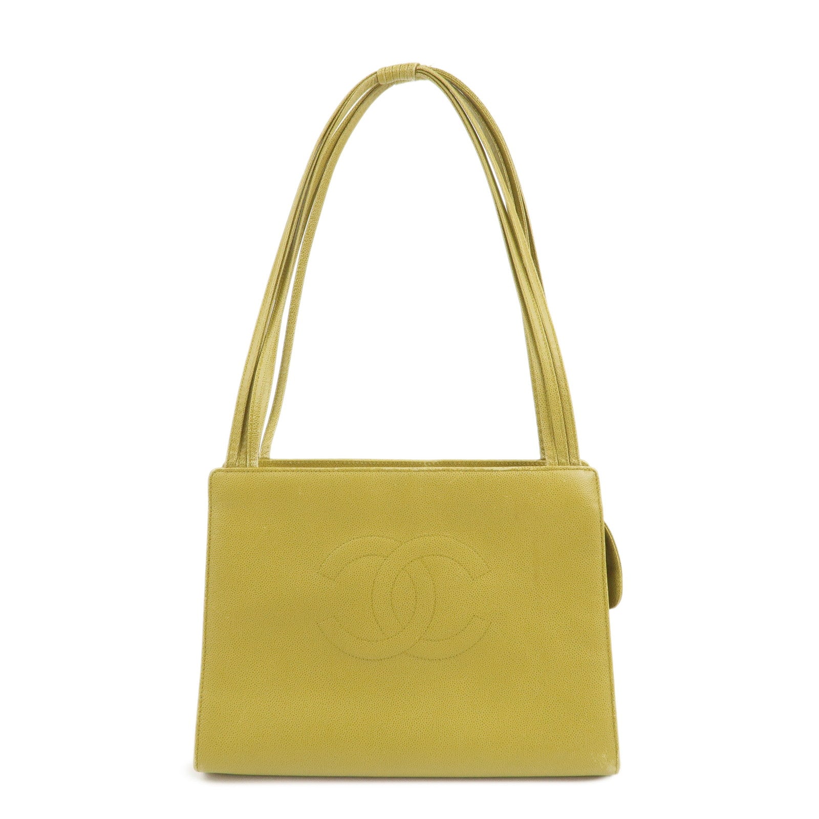 CHANEL COCO Mark Caviaskin Leather Tote Bag Hand Bag Yellow