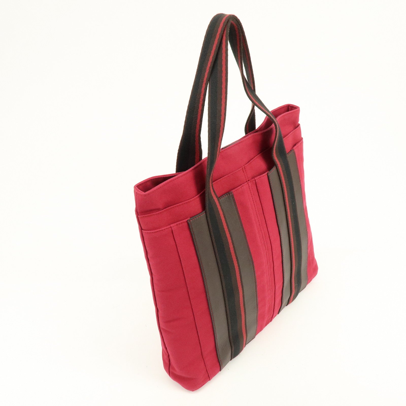 HERMES Trocadéro Vertical MM Canvas Calf Leather Tote Bag Red Brown