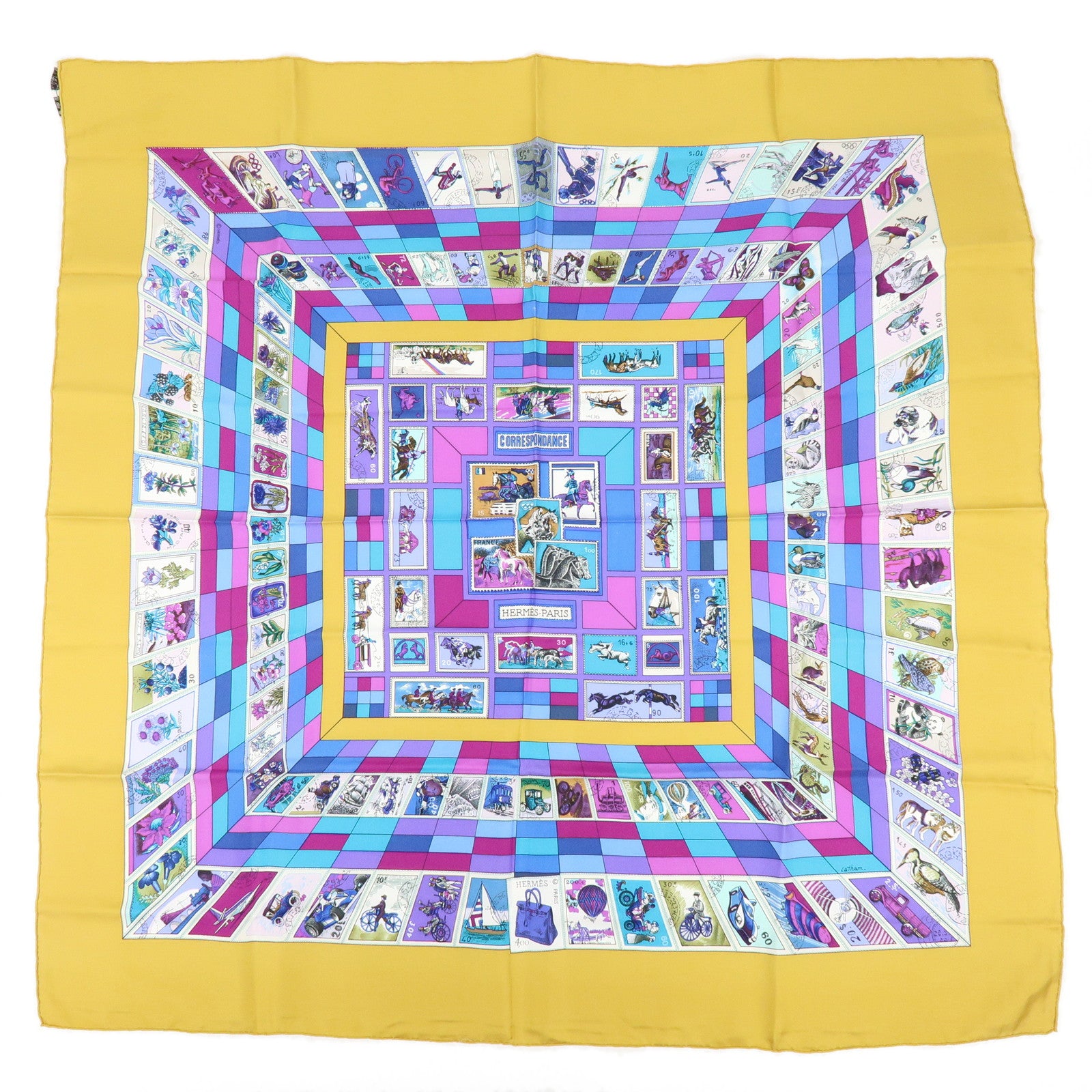 HERMES Carre 90 Silk 100% Scarf CORRESPONDANCE Mustard Purple