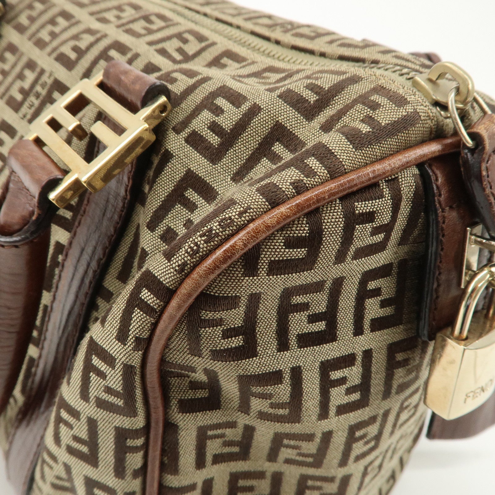 FENDI Zucchino Canvas Leather Boston Bag Brown Beige 8BL068 Used