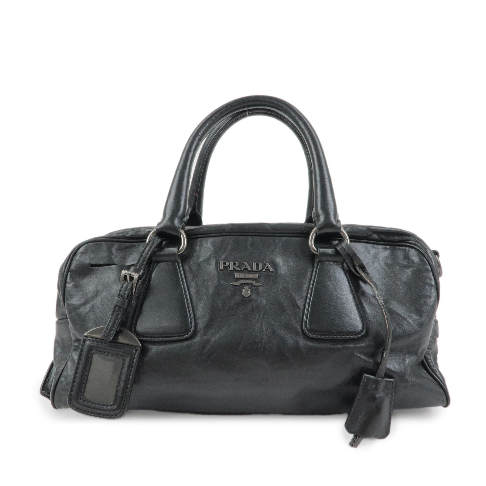 PRADA Leather Boston Bag Hand Bag Black BL0758