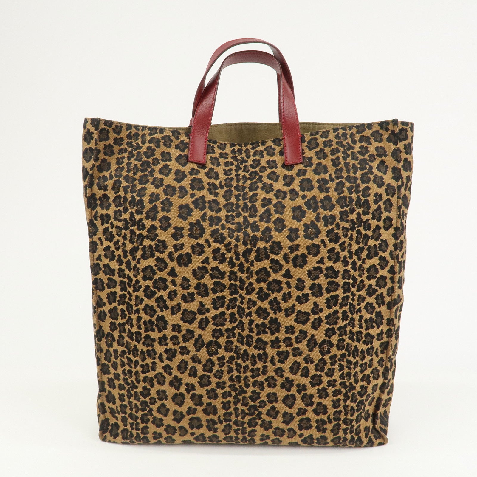 FENDI Canvas Leather Leopard Tote Bag Hand Bag Brown Red 8BH173