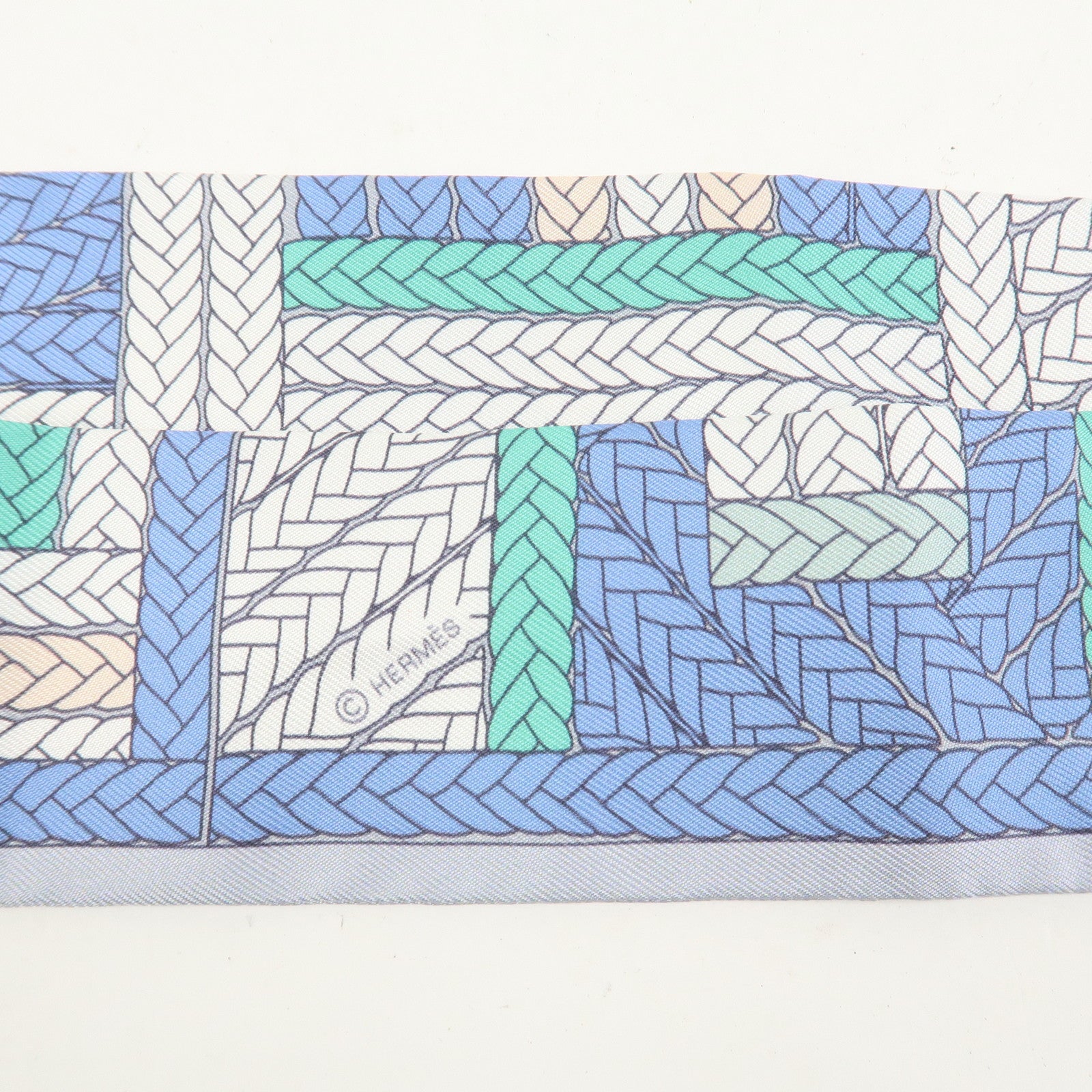 HERMES Twilly Silk 100% Scarf TRESSES H Blue White