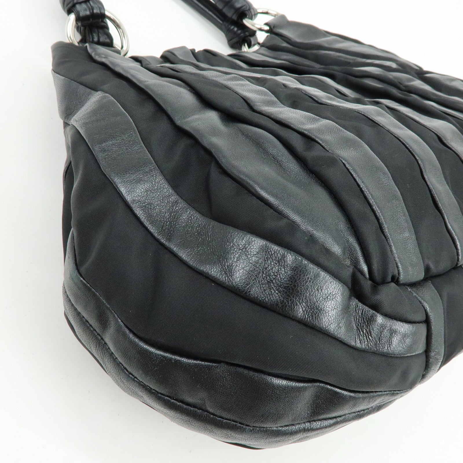 PRADA Logo Leather Nylon Tote Bag Shoulder Bag Black BR3994