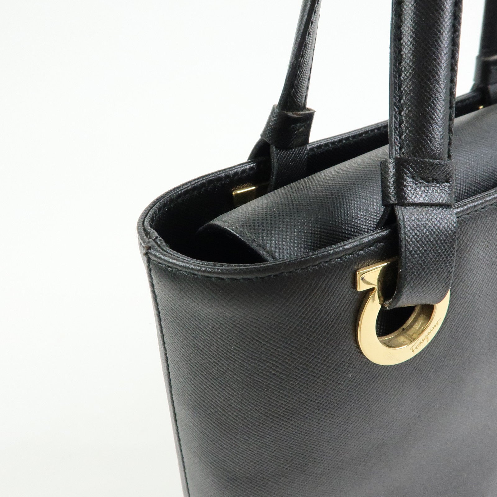 Ferragamo Gancini Leather Tote Bag Hand Bag Bucket Bag Black
