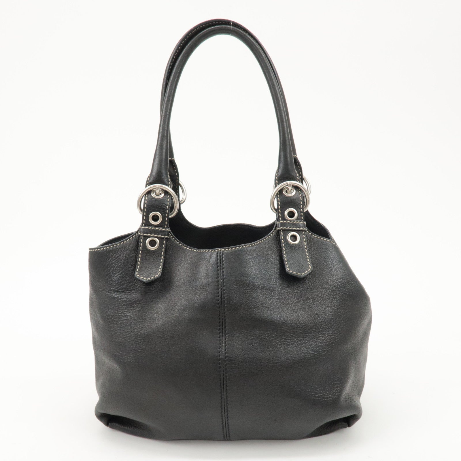 PRADA Triangle Logo Leather Tote Bag Hand Bag Black Used
