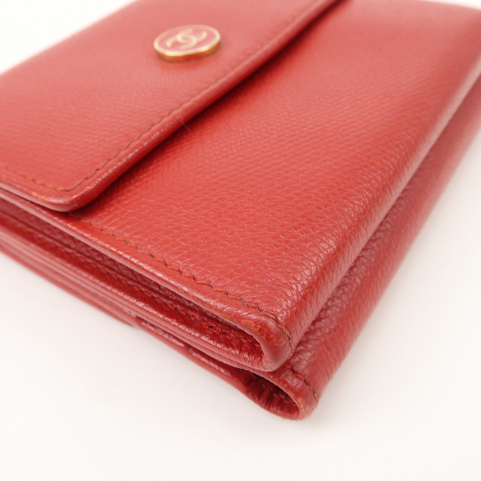 CHANEL COCO Button Leather Double Hook Compact Wallet Red A20902