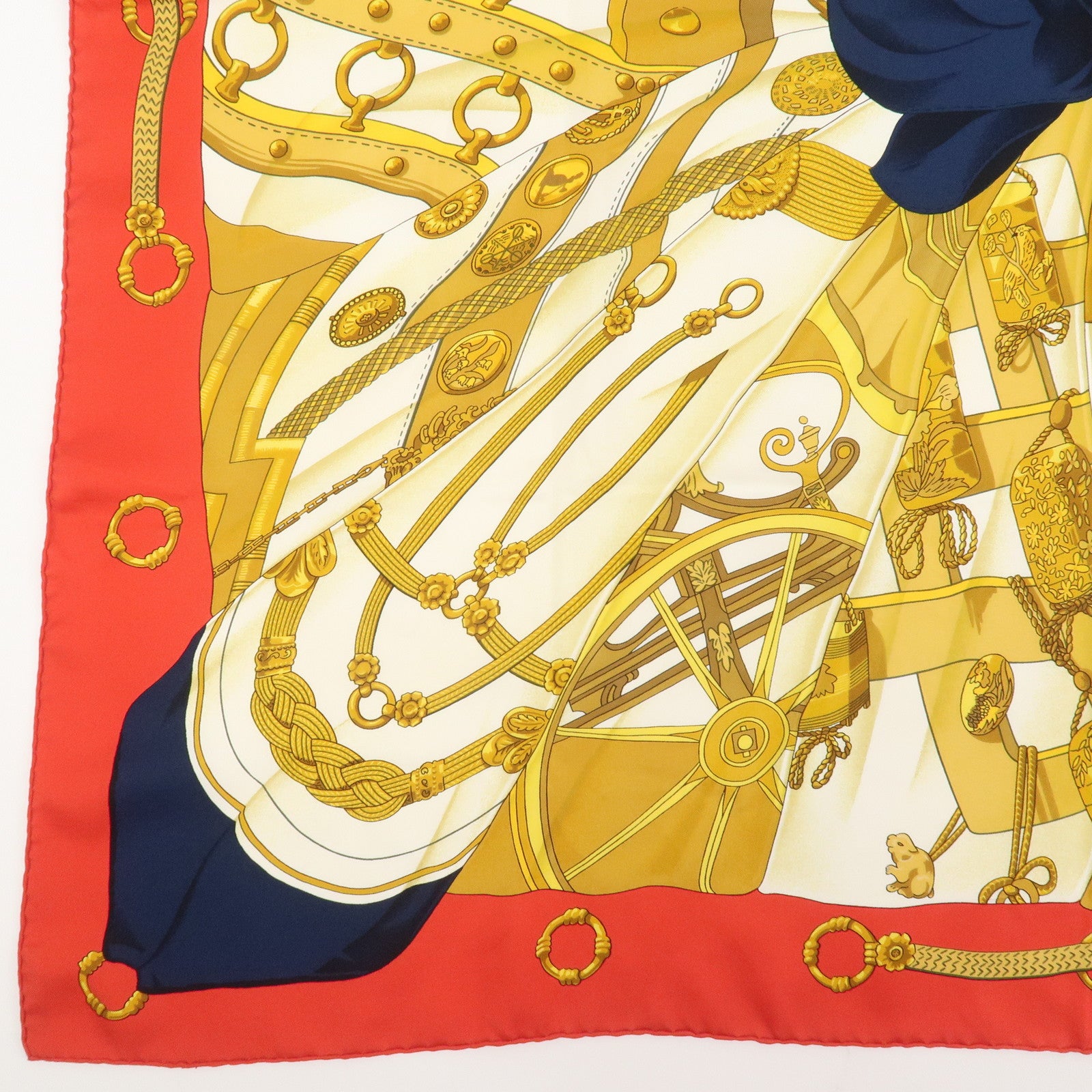 HERMES Carre 90 Silk 100% Scarf Soleil de Soie Gold Red Navy