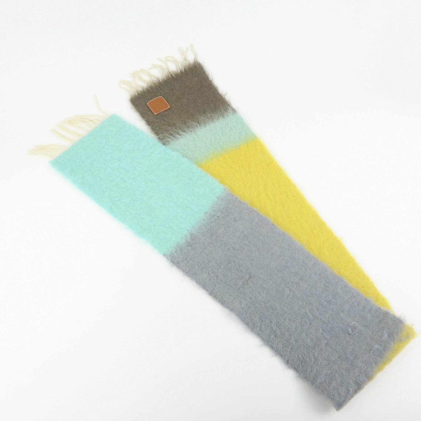 LOEWE Anagram Wool Mohair Nylon Scarf Shawl Yellow Gray Light Blue