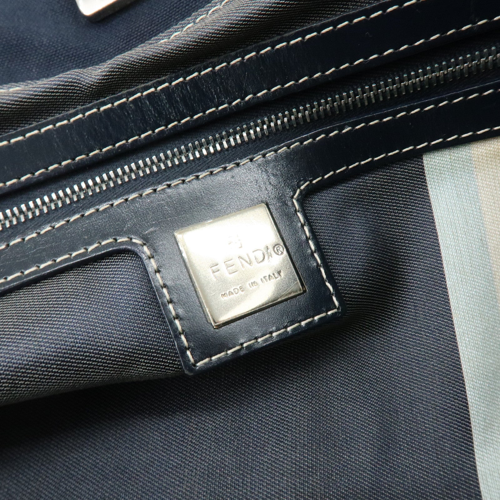 FENDI Canvas Leather Hand Bag Tote Bag Navy