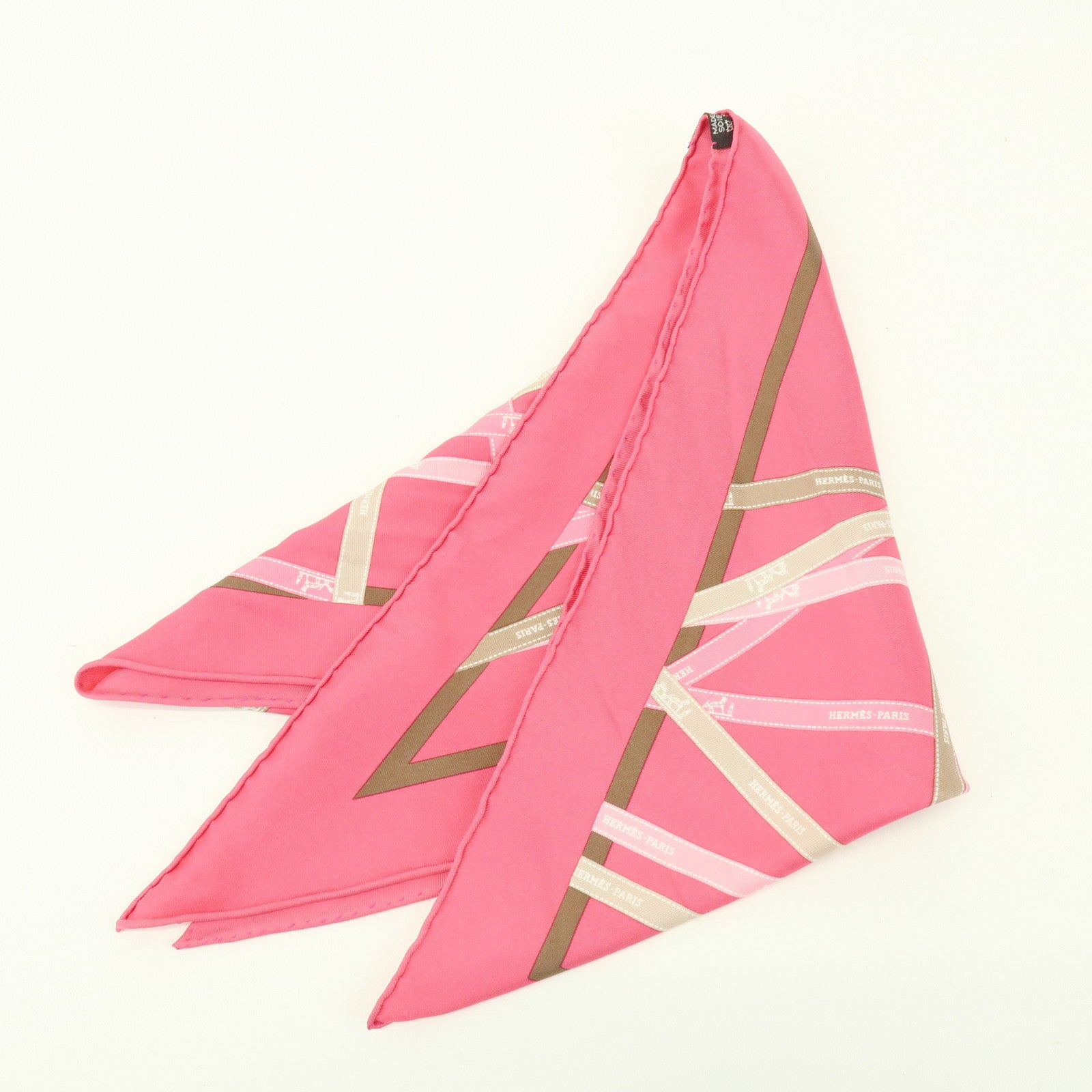 HERMES Pointu Silk 100% Scarf Ribbon Print Pink Beige