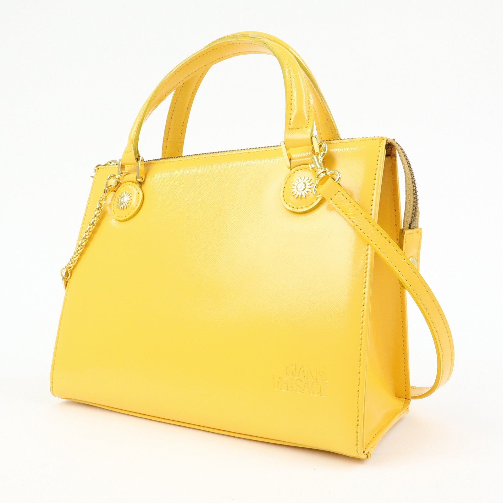 VERSACE Leather Charm 2Way Bag Hand Bag Shoulder Bag Yellow