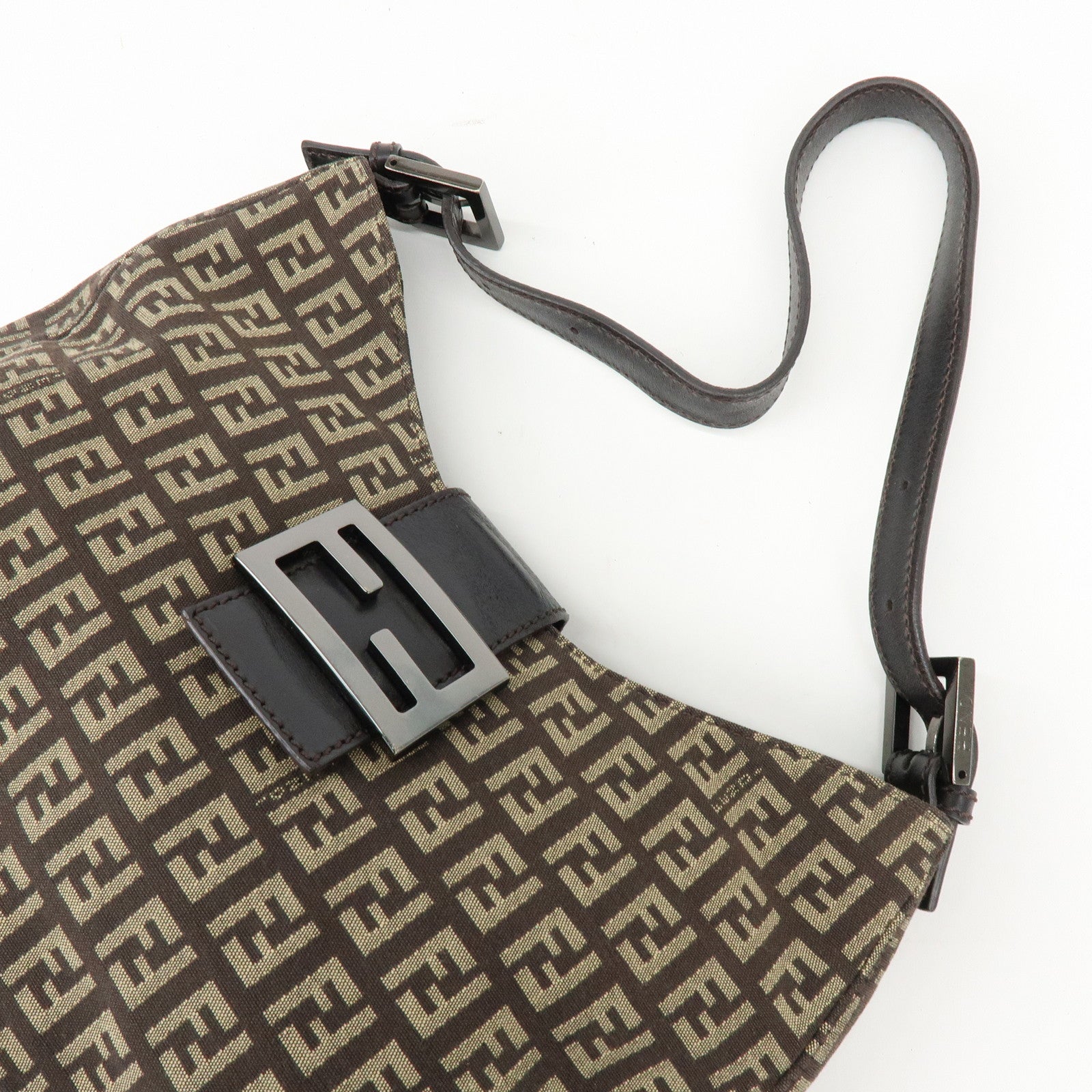 FENDI Zucchino Canvas Leather Shoulder Bag Brown 8BR036