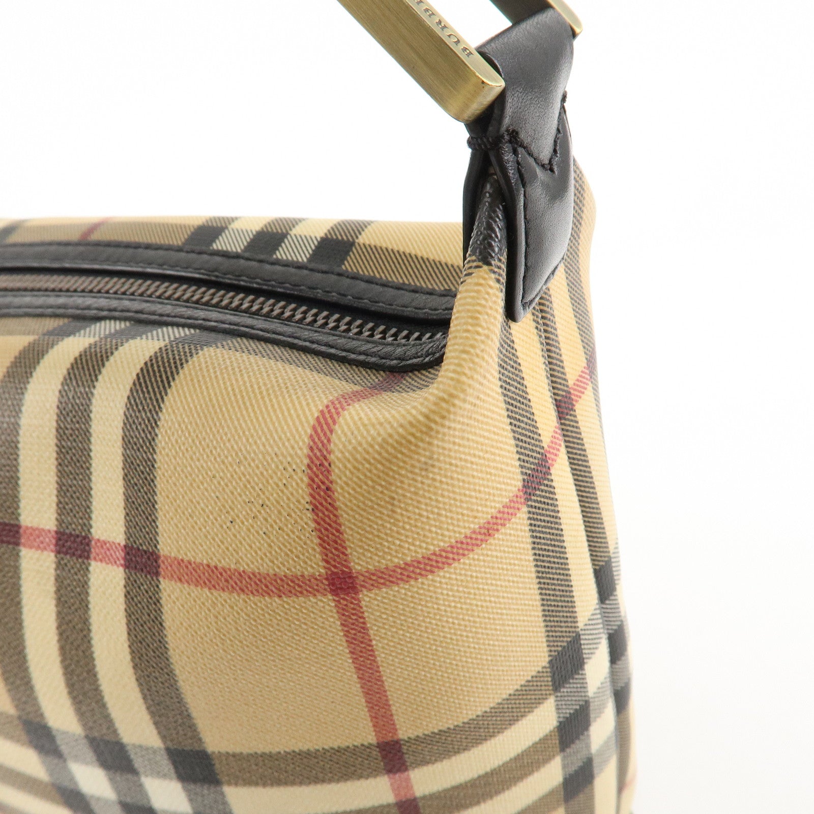 BURBERRY Nova Plaid Canvas Leather Shoulder Bag Hand Bag Beige Black Used