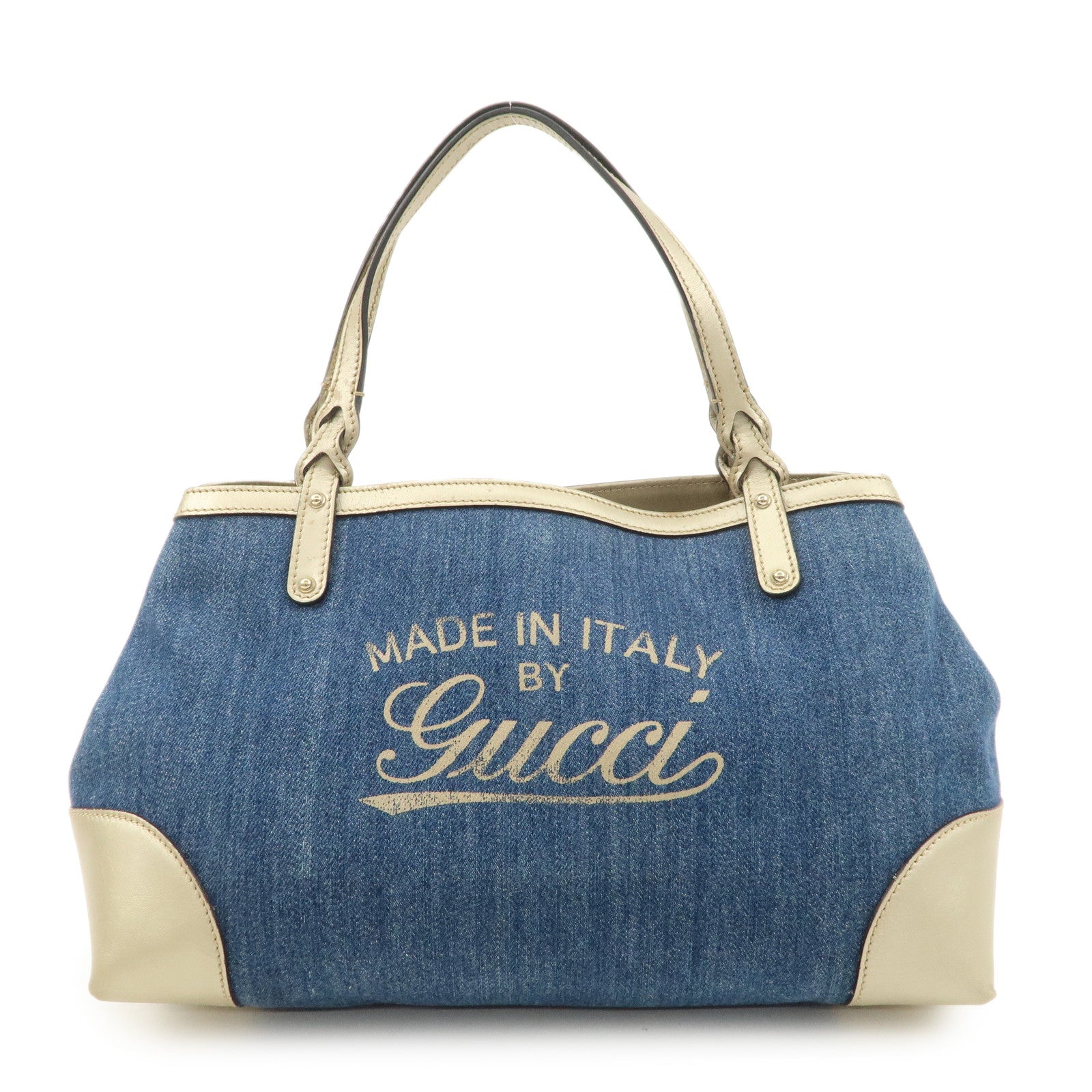 GUCCI Craft Denim Leather Tote Bag Shoulder Bag Blue Gold 348715