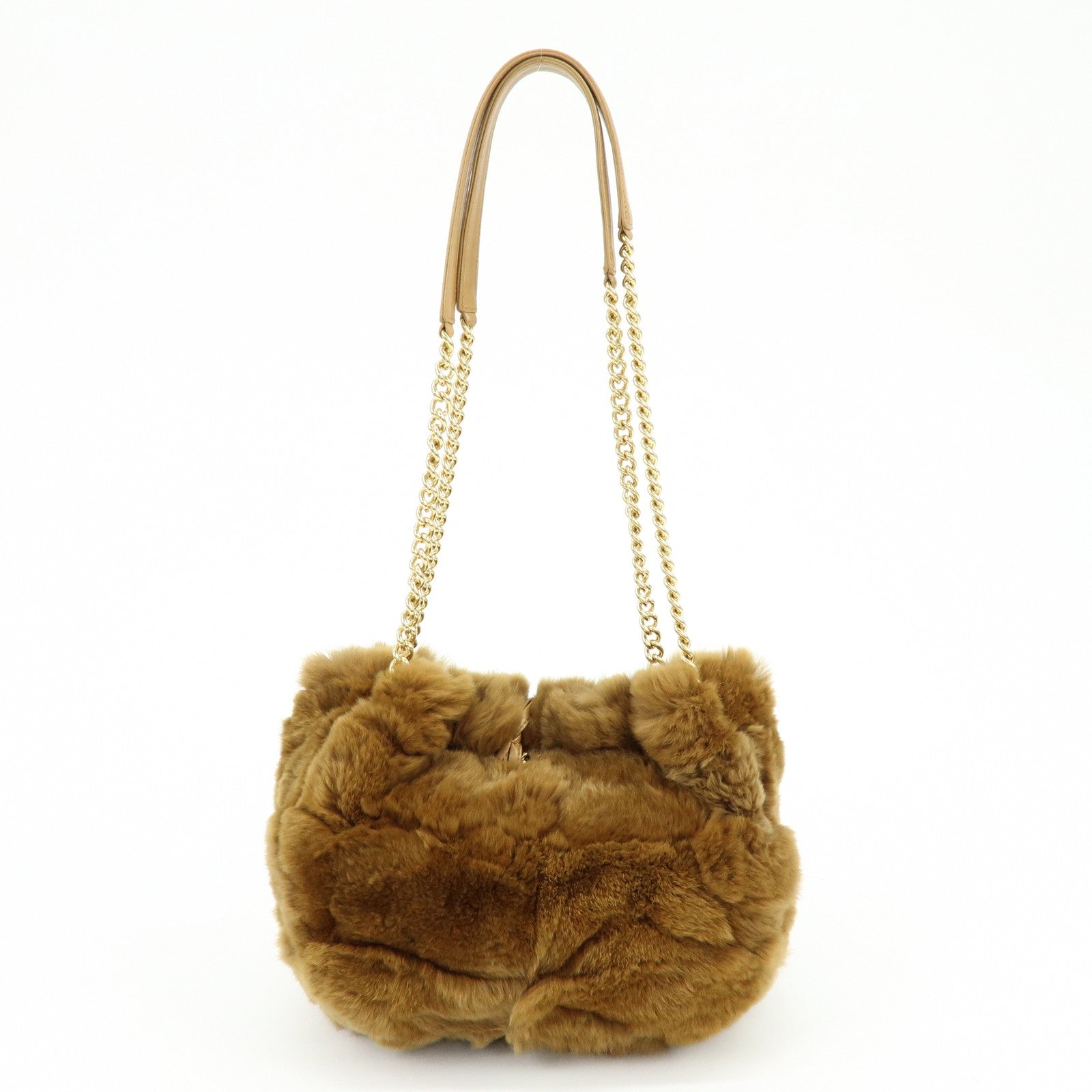 CHANEL COCO Mark Fur Lamb Skin Chain Shoulder Bag Brown