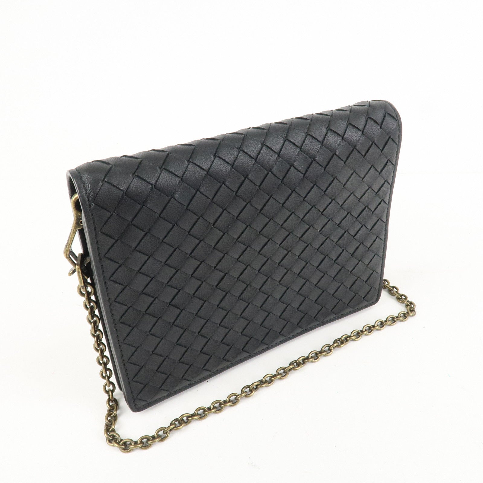 BOTTEGA VENETA  Intrecciato Leather Chain Shoulder Bag Black 508752 Used
