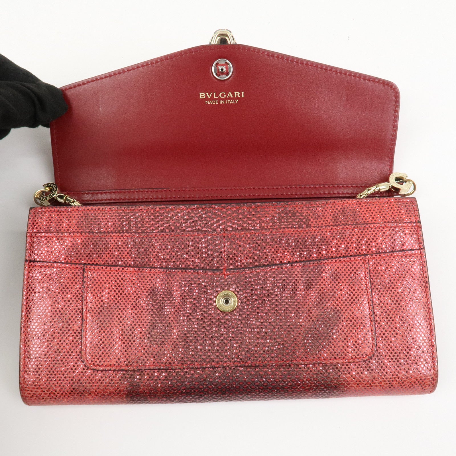 BVLGARI Serpenti Chain Strap Long Wallet Python Embossed Pink
