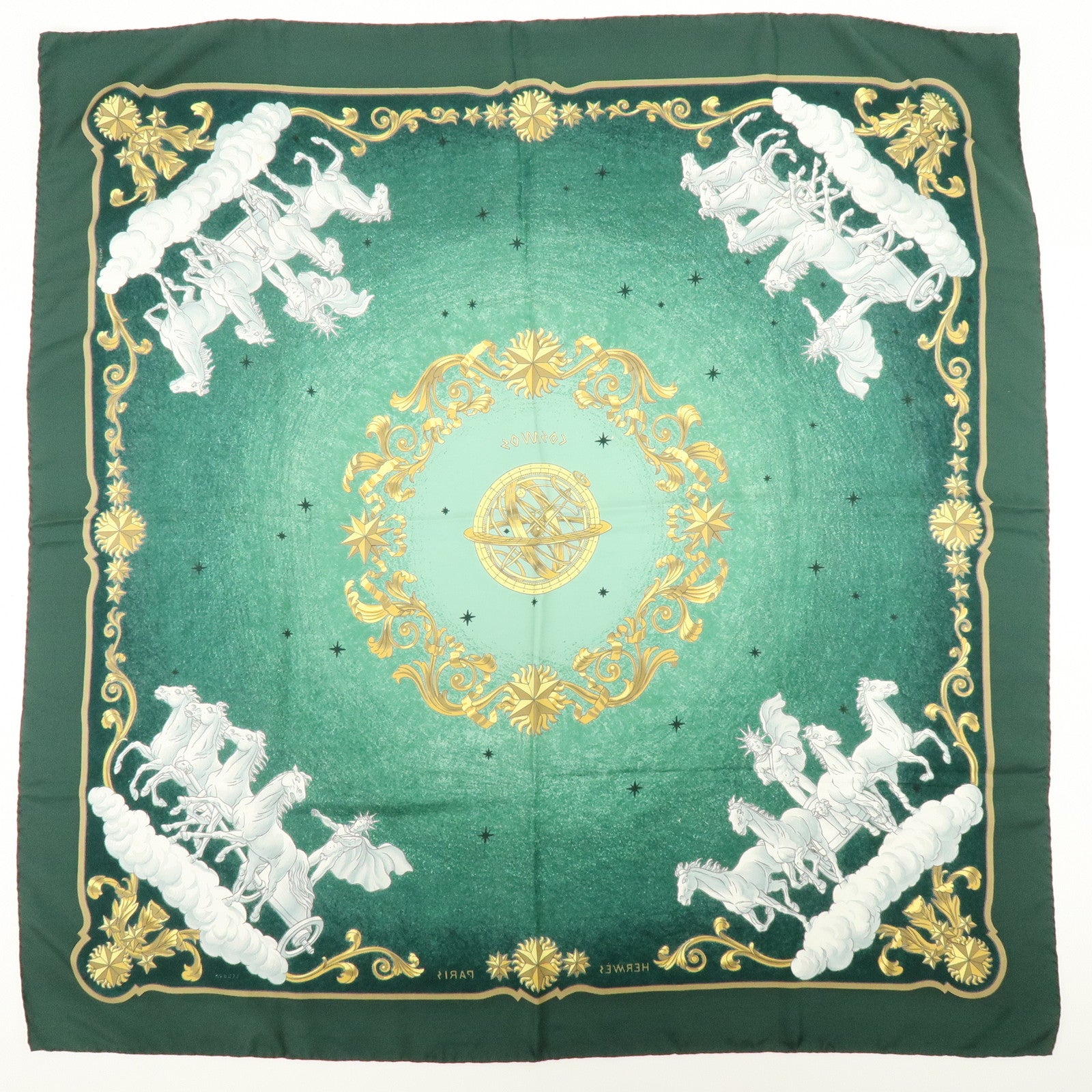 HERMES Carre 90 Silk 100% COSMOS Scarf Green