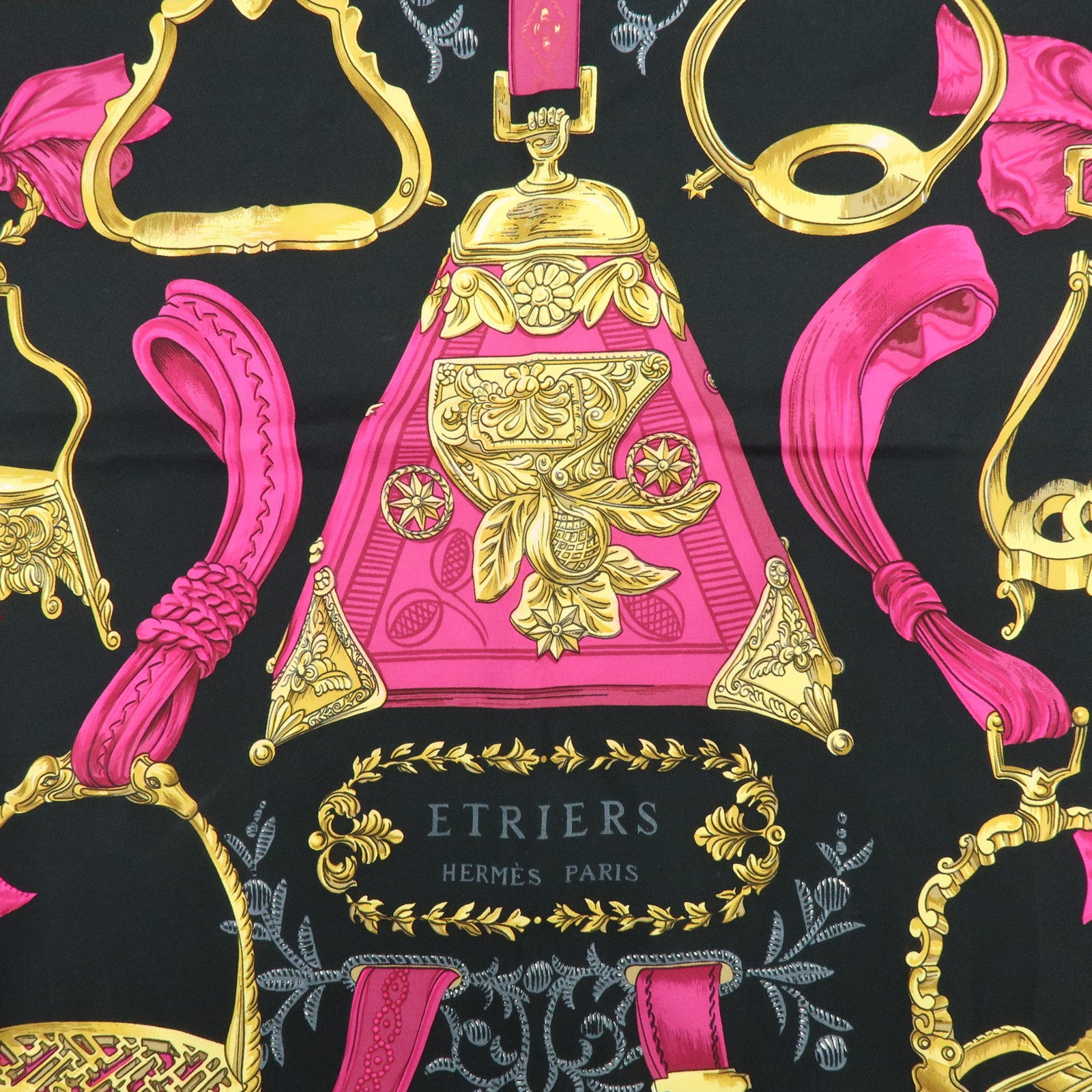 HERMES Carre 90 Silk 100% Scarf ETRIERS Stirrup Print Black Pink