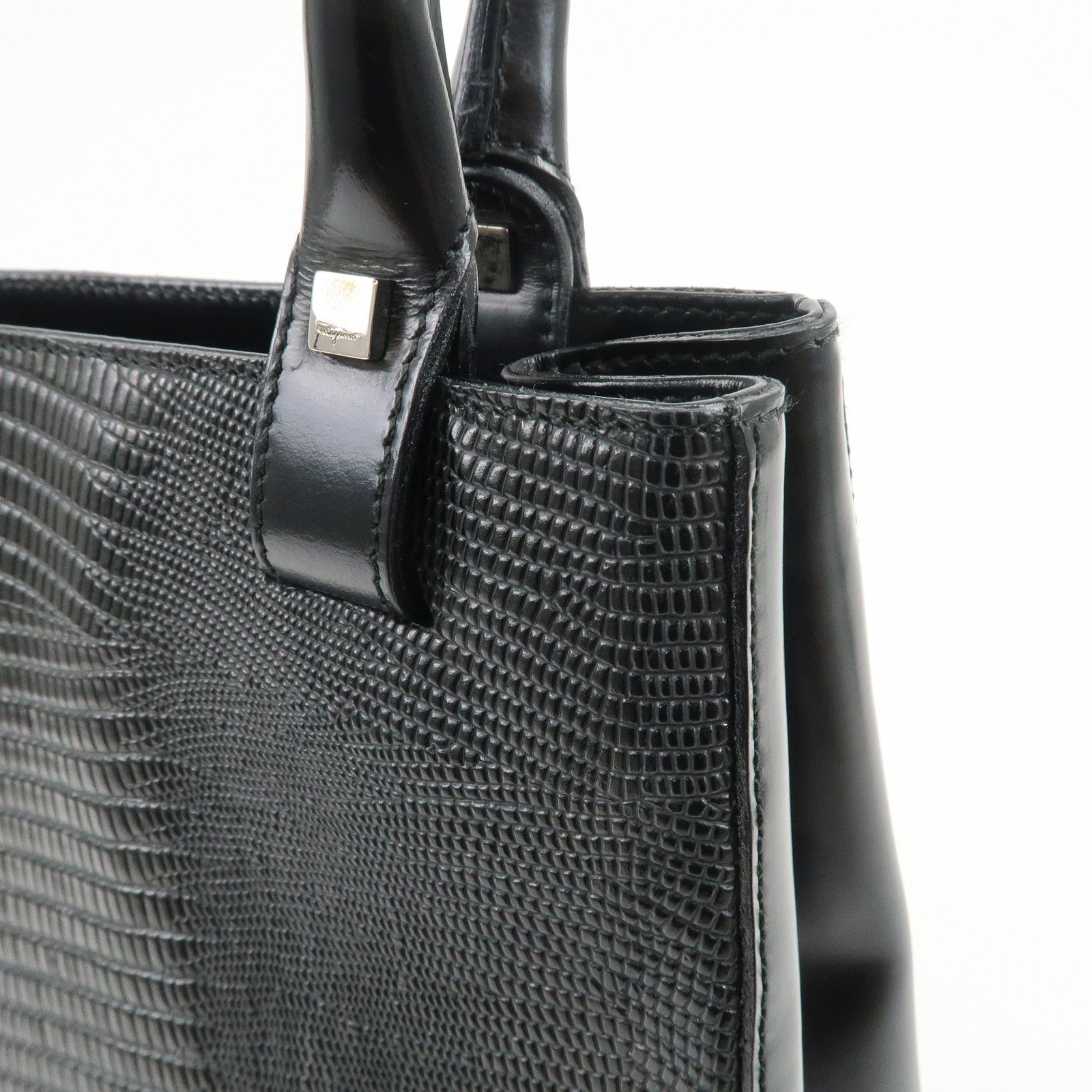 Ferragamo Gancini Embossed Leather Tote Bag Hand Bag Black