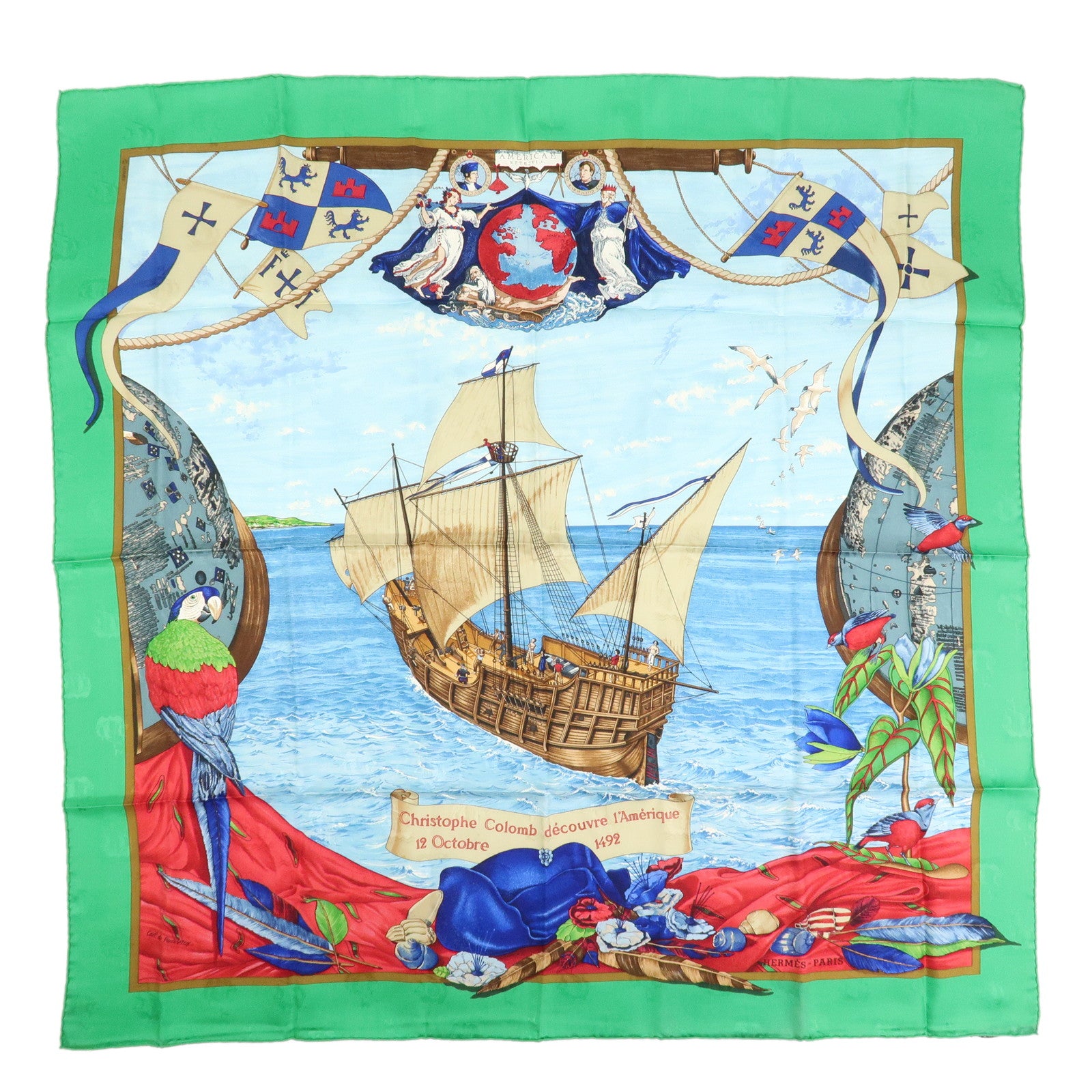 HERMES Carre 90 Silk 100% Scarf Christophe Colomb Green Blue