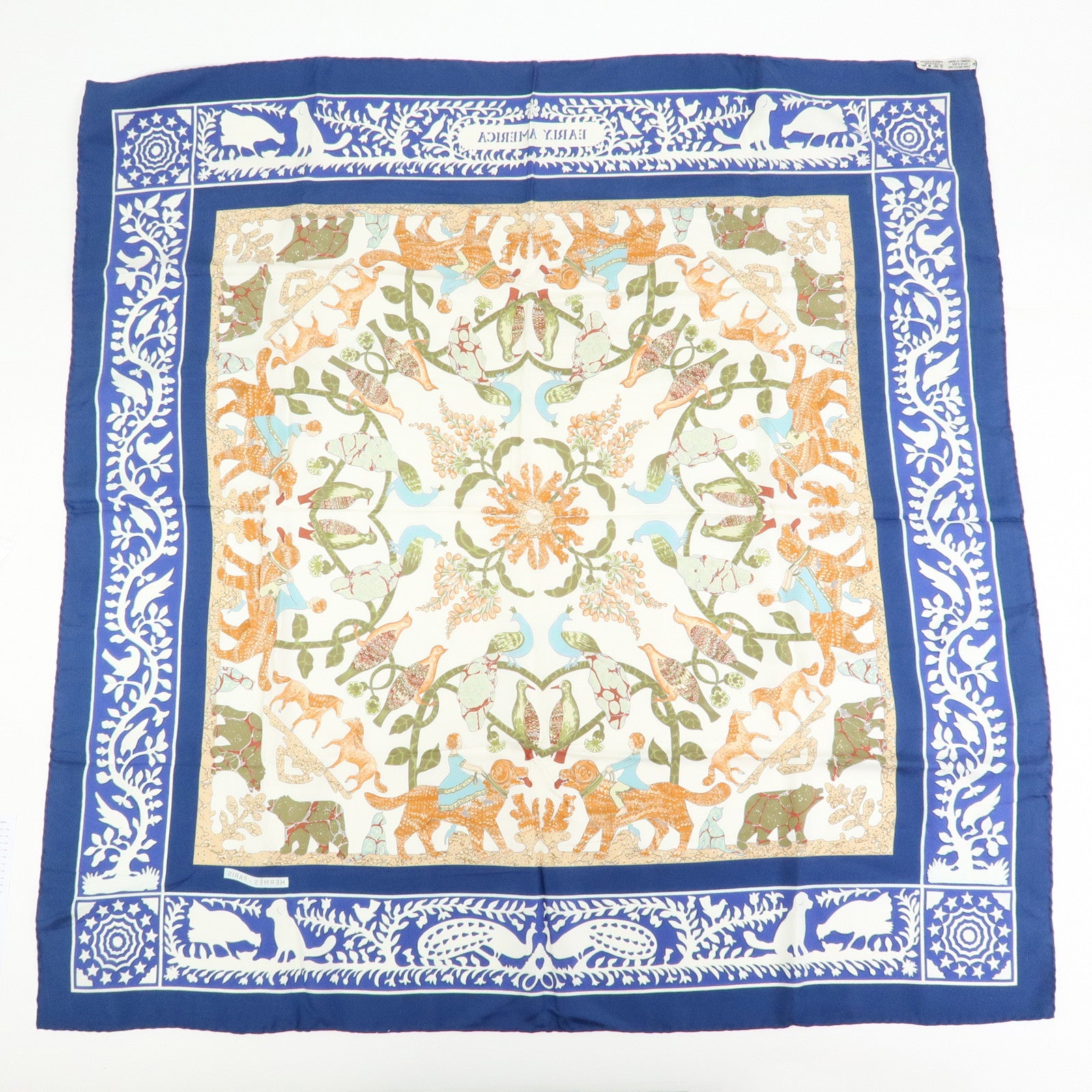 HERMES Carre 90 Silk 100% Scarf EARLY AMERICA Blue