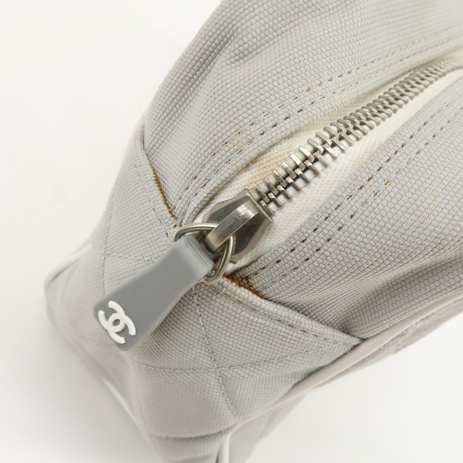 CHANEL Sport Line Canvas Leather Boston Bag Hand Bag Gray White