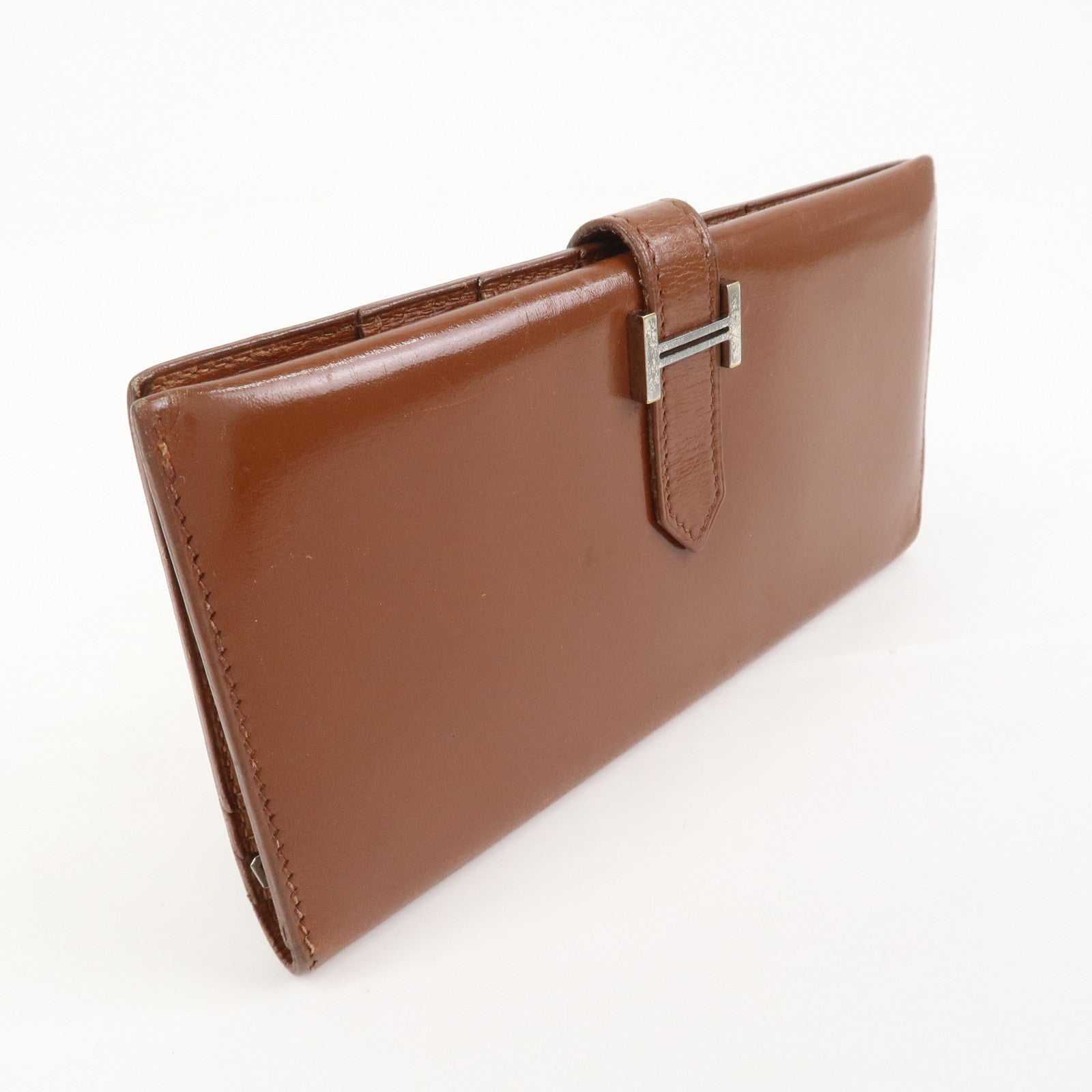 HERMES Bearn Leather Bi-fold Long Wallet F Stamped Brown