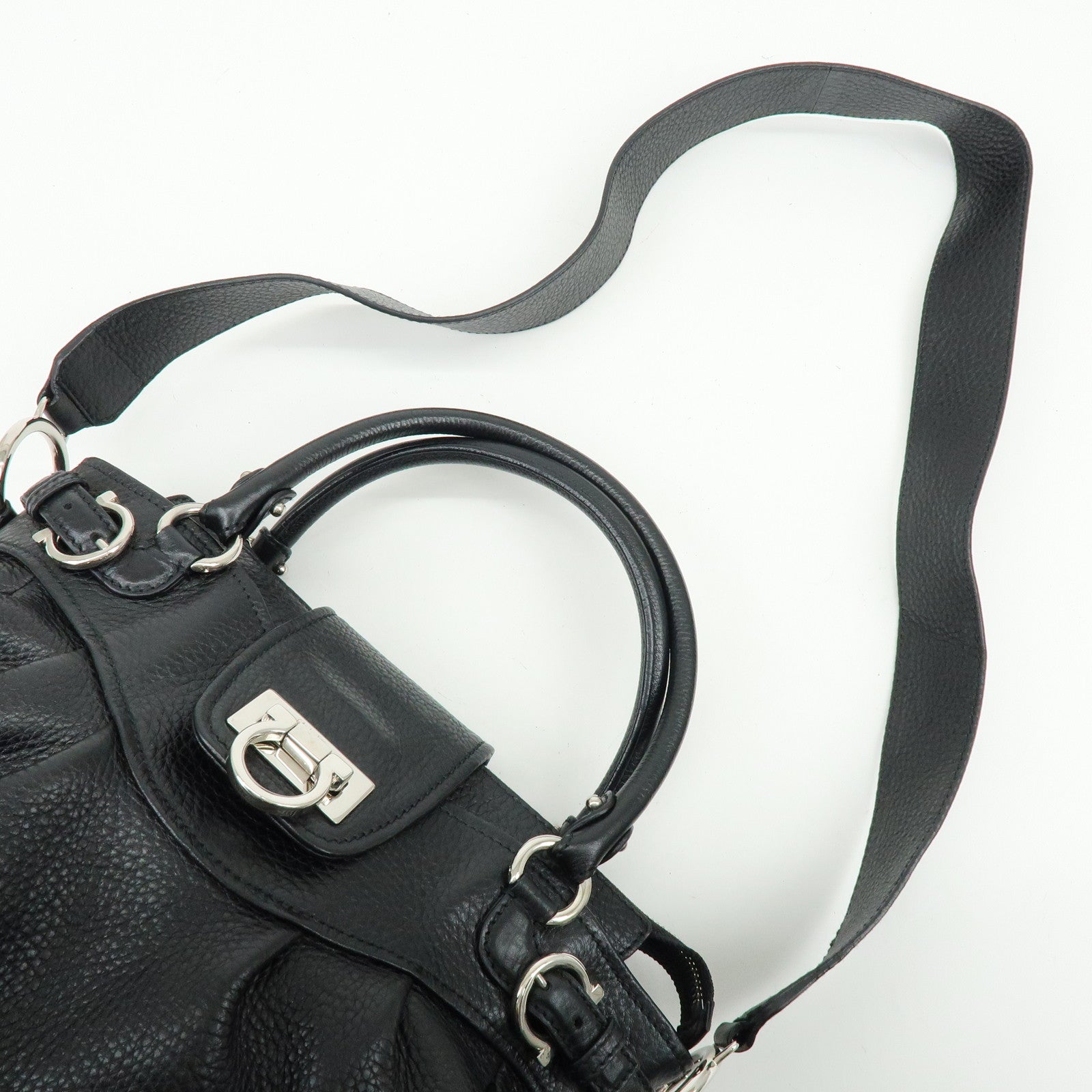 Ferragamo Gancini Leather 2Way Bag Hand Bag Shoulder Bag Black