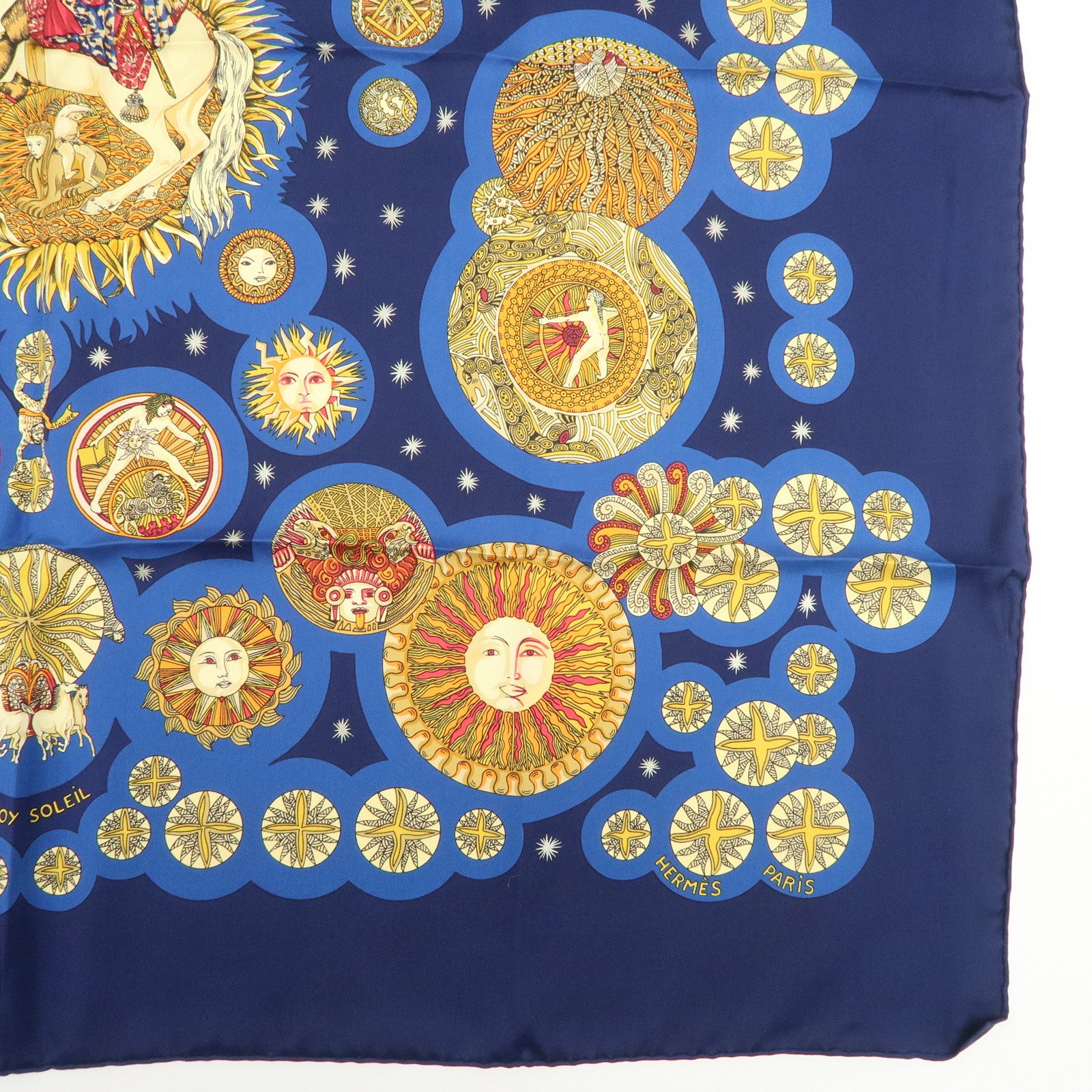 HERMES Carre 90 Silk 100% Scarf LE ROY SOLEIL Navy Yellow