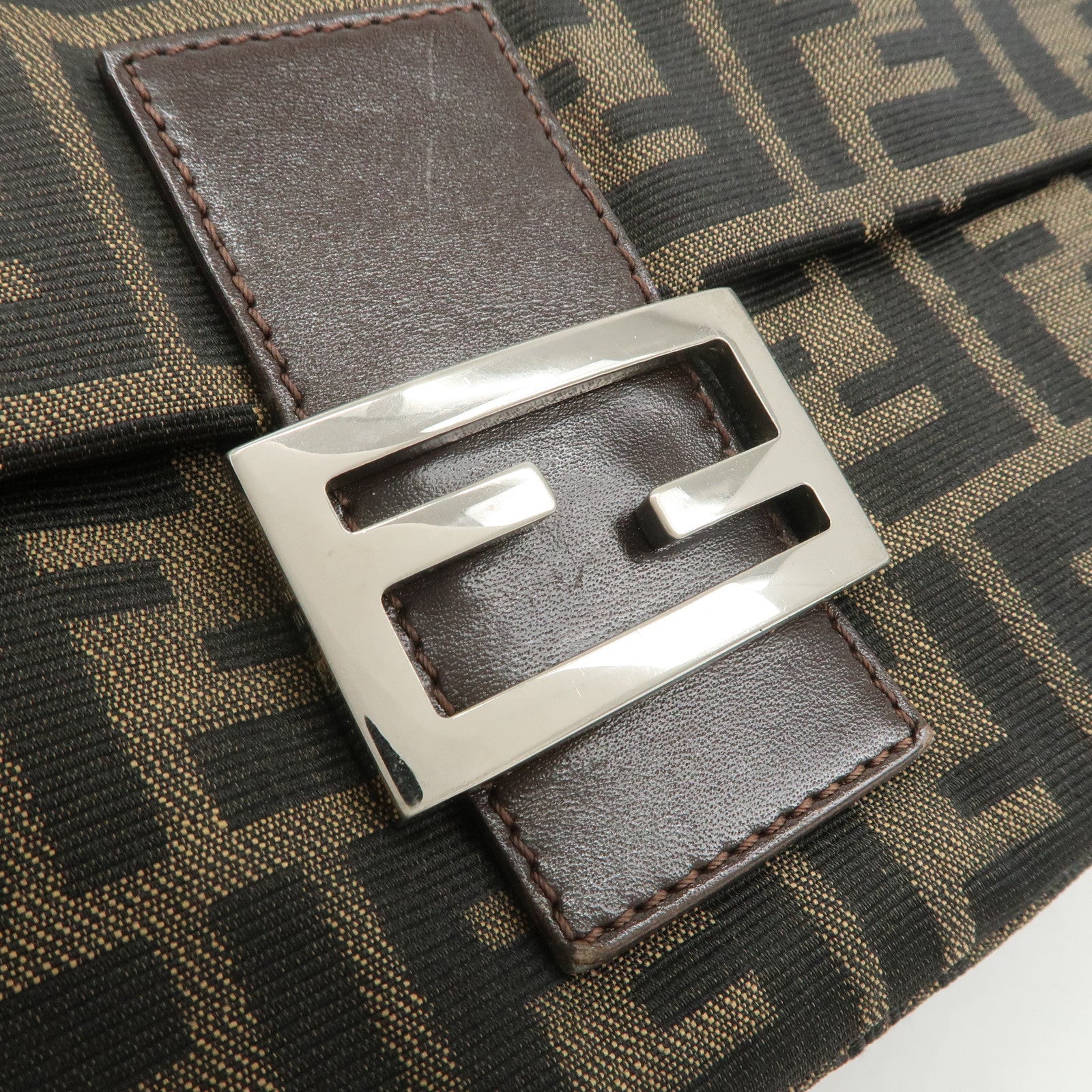 FENDI Mamma Baguette Zucca Canvas Leather Shoulder Bag Brown 26325