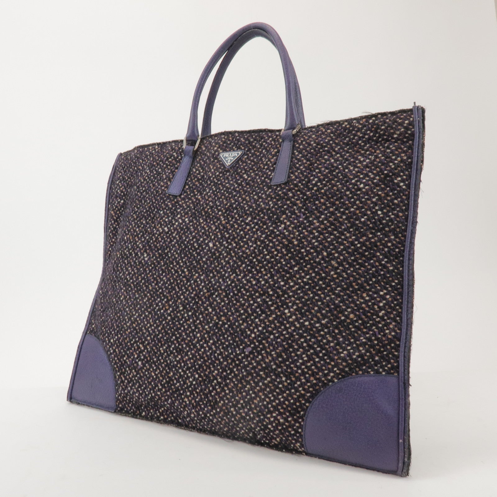 PRADA Triangle Logo Wool Leather Tote Bag Hand Bag Purple