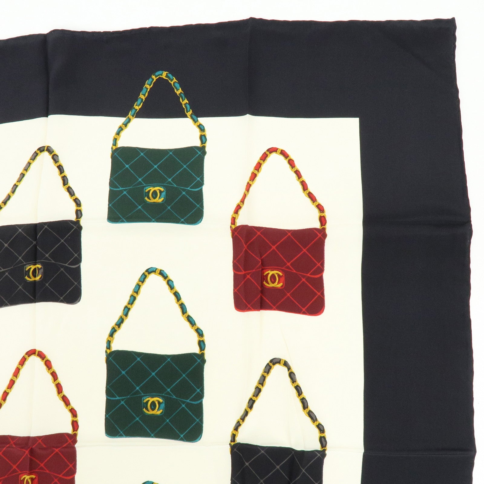 CHANEL Matelasse Silk 100% Scarf Black Green Gold