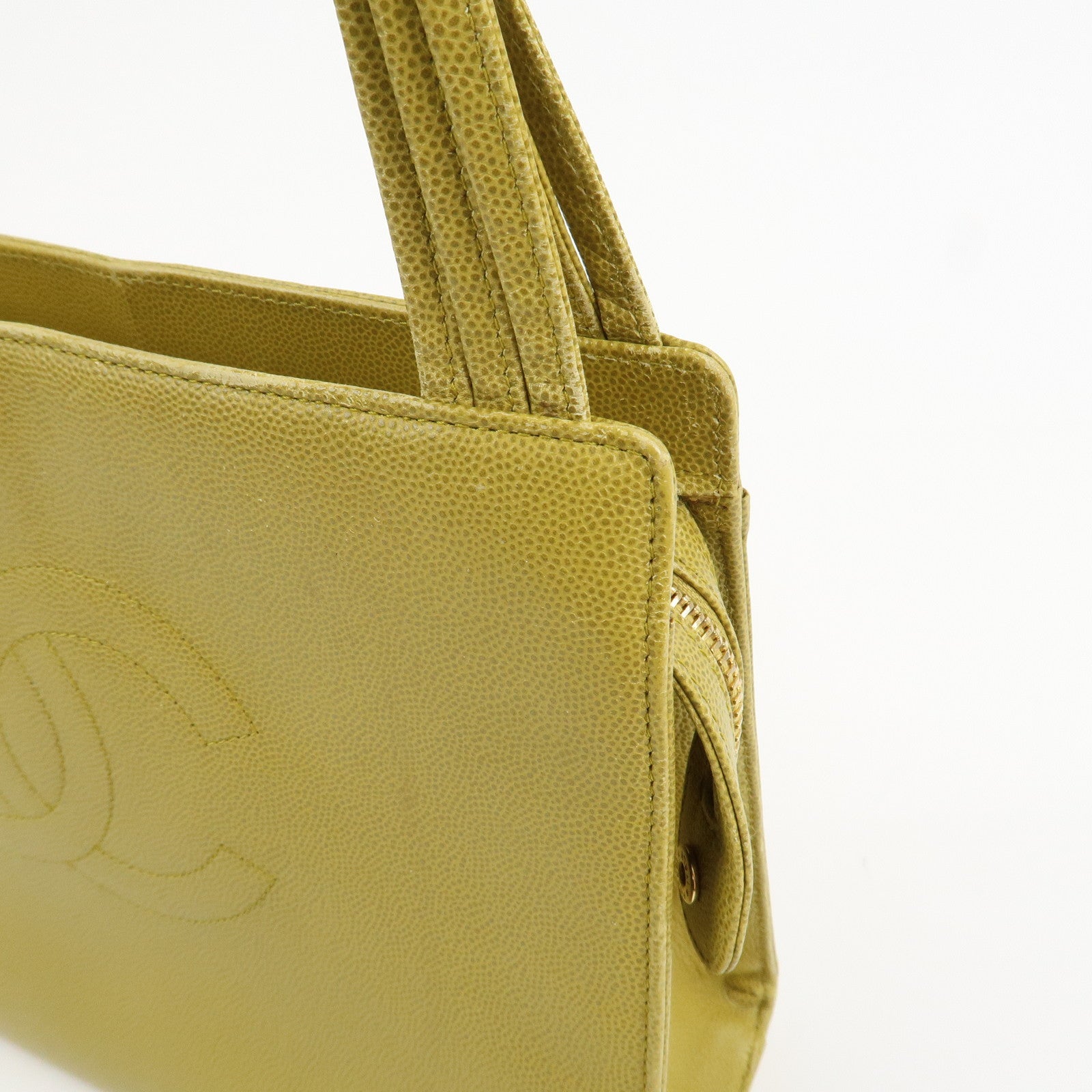 CHANEL COCO Mark Caviaskin Leather Tote Bag Hand Bag Yellow