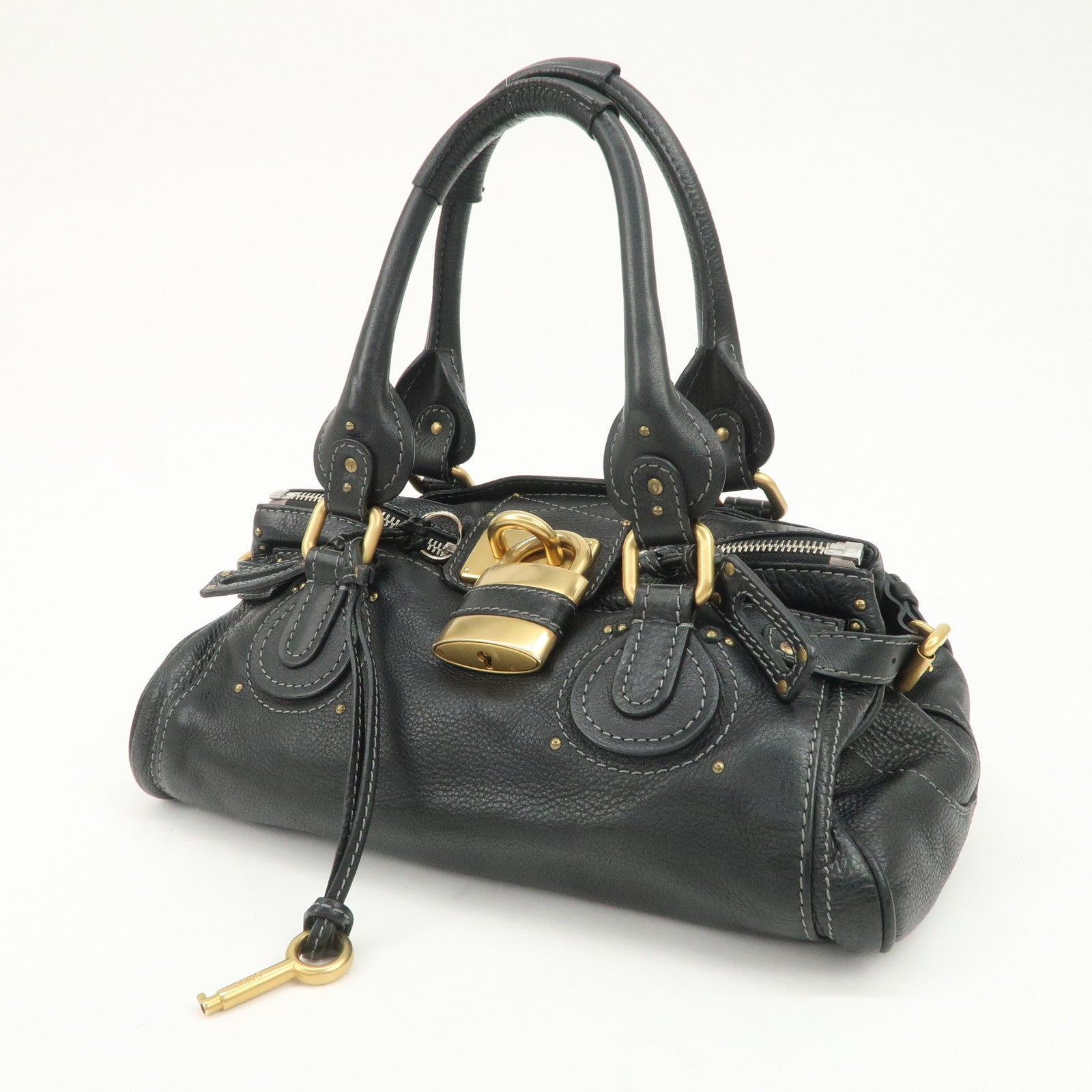 Chloe Paddington Leather Hand Bag Shoulder Bag Black Gold