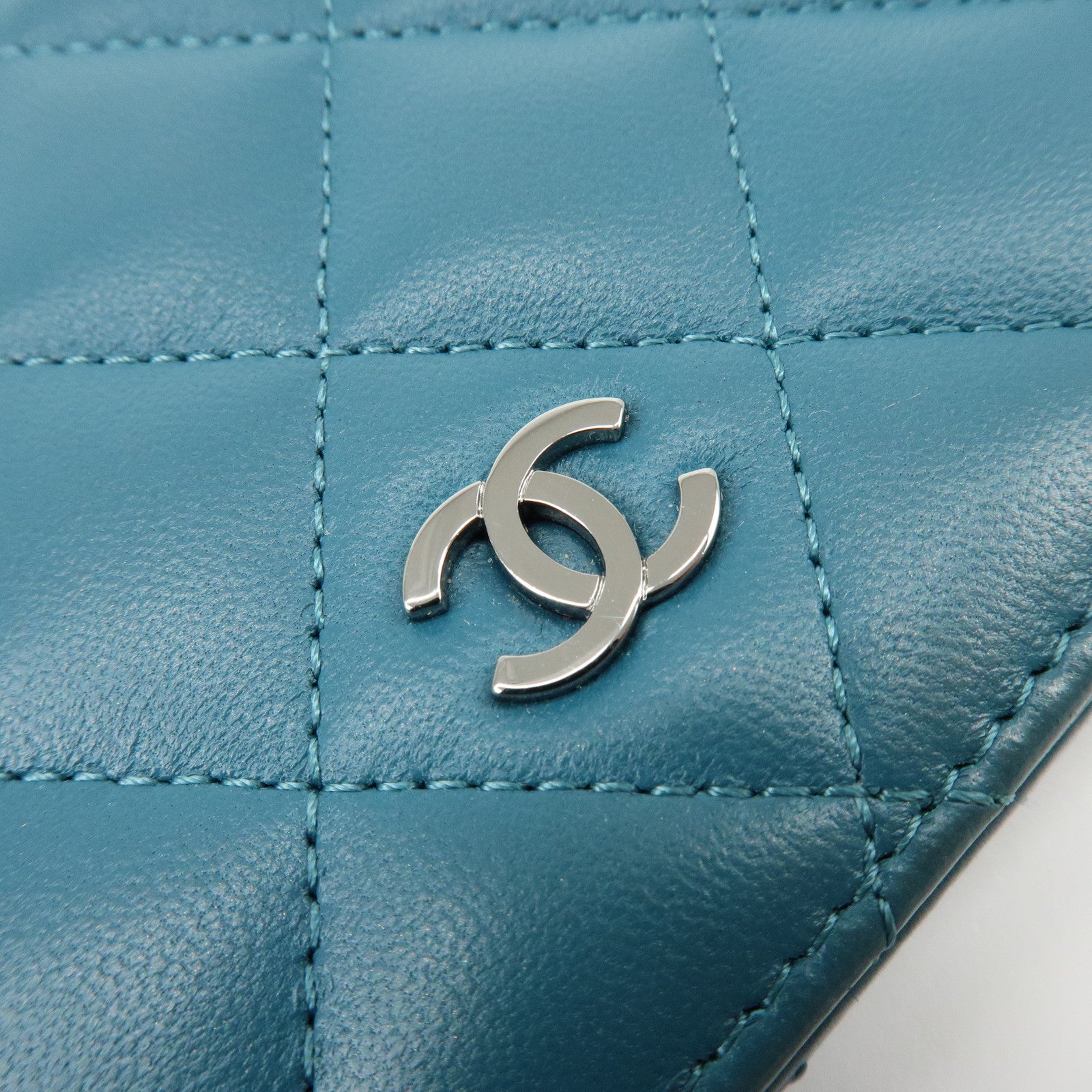 CHANEL COCO Mark Matelasse Lamb Skin Bi-fold Flap Long Wallet Blue