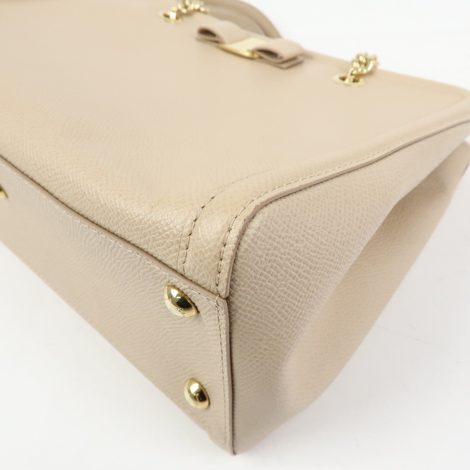Ferragamo Vara Ribbon Leather Tote Bag Hand Bag Pink Beige