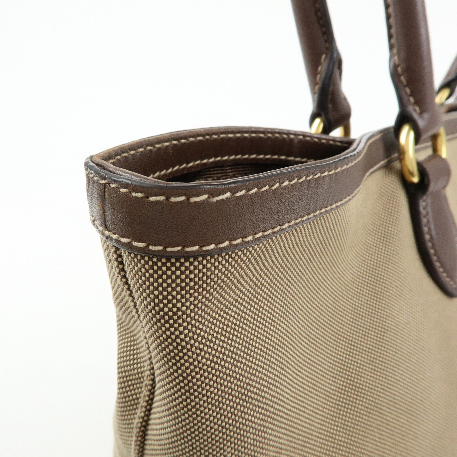 PRADA Triangle Logo Jacquard Leather Tote Shoulder Bag Beige Brown