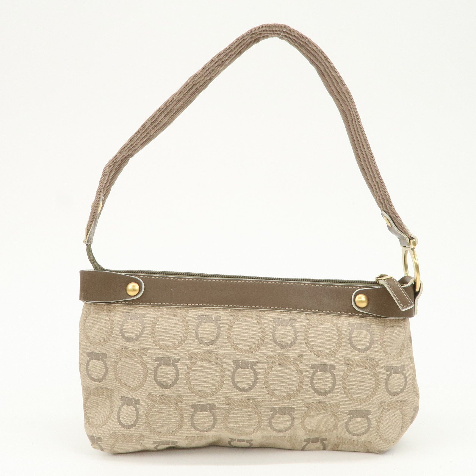 Ferragamo Gancini Canvas Leather Shoulder Bag Hand Bag Beige Brown