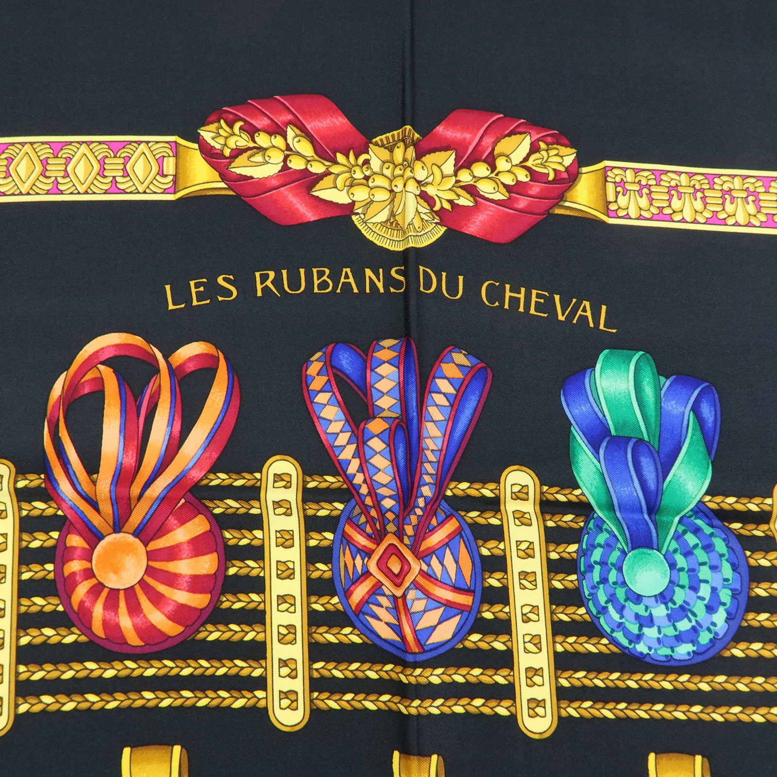 HERMES Carre 90 Silk 100% LES RUBANS DU CHEVAL Scarf Black