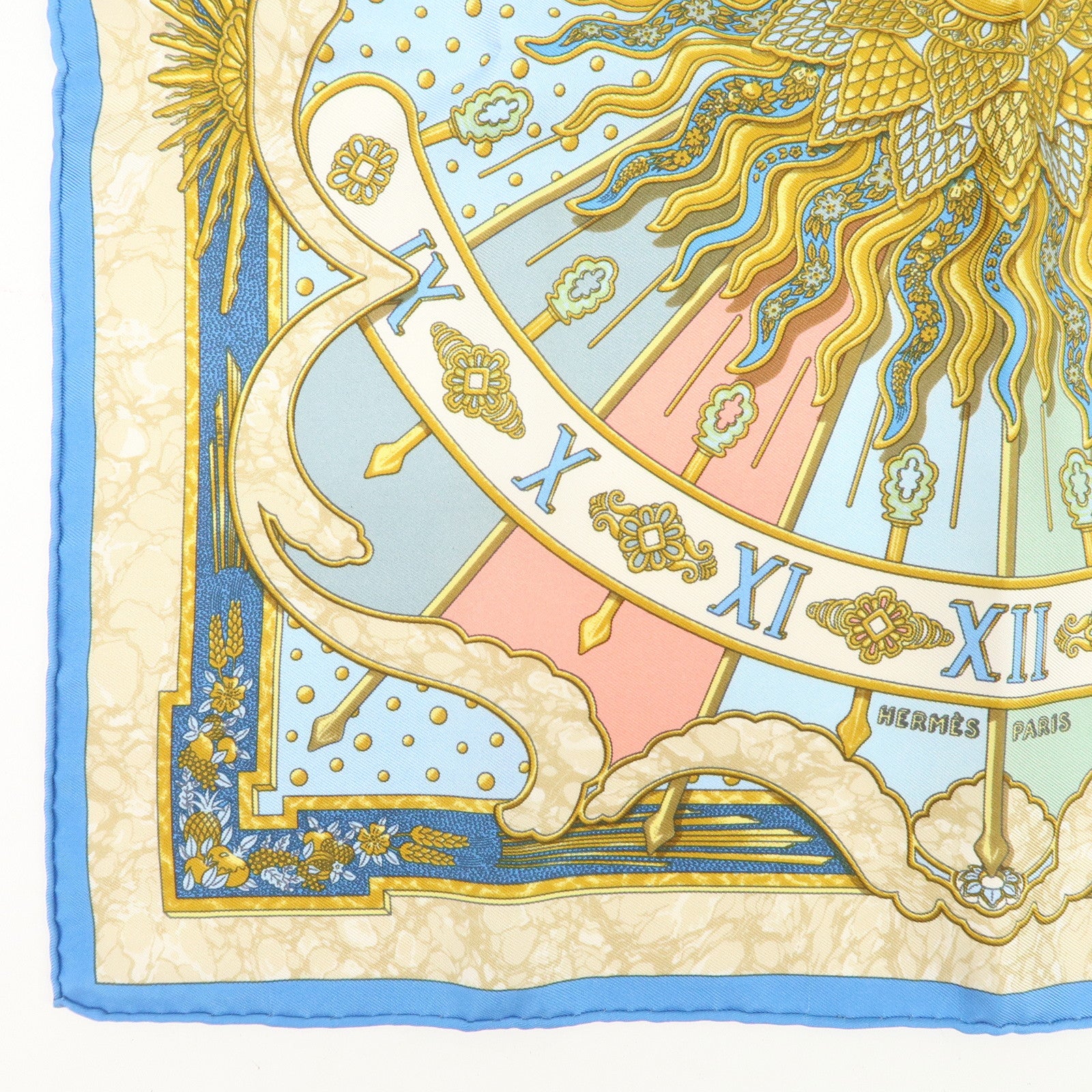 HERMES Petit Carre 40 Silk 100% GLORIA SOL Mini Scarf Beige Blue