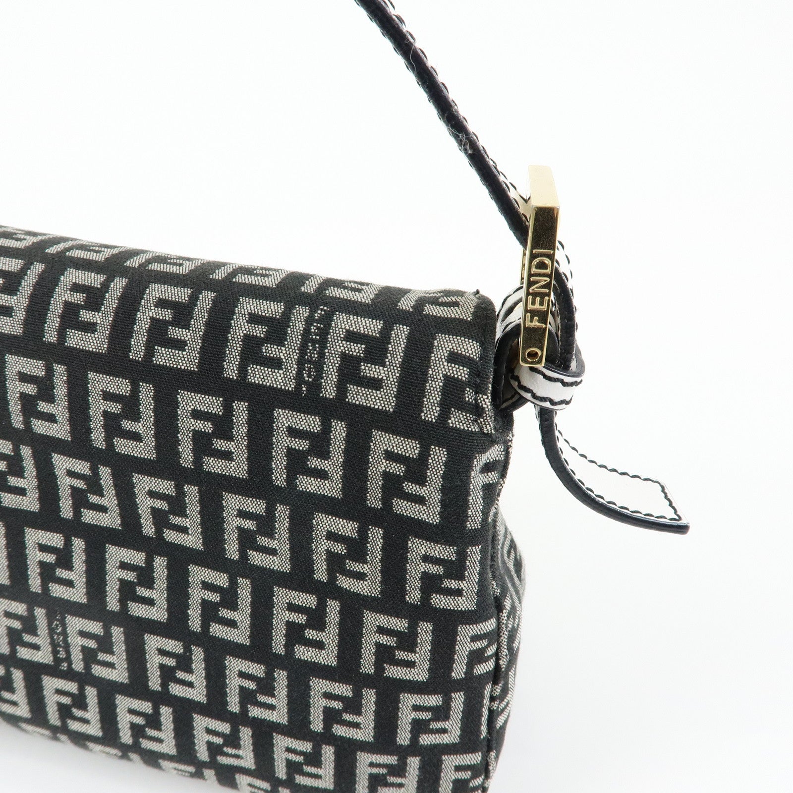 FENDI Zucchino Canvas Leather Shoulder Hand Bag Black White 8BR003