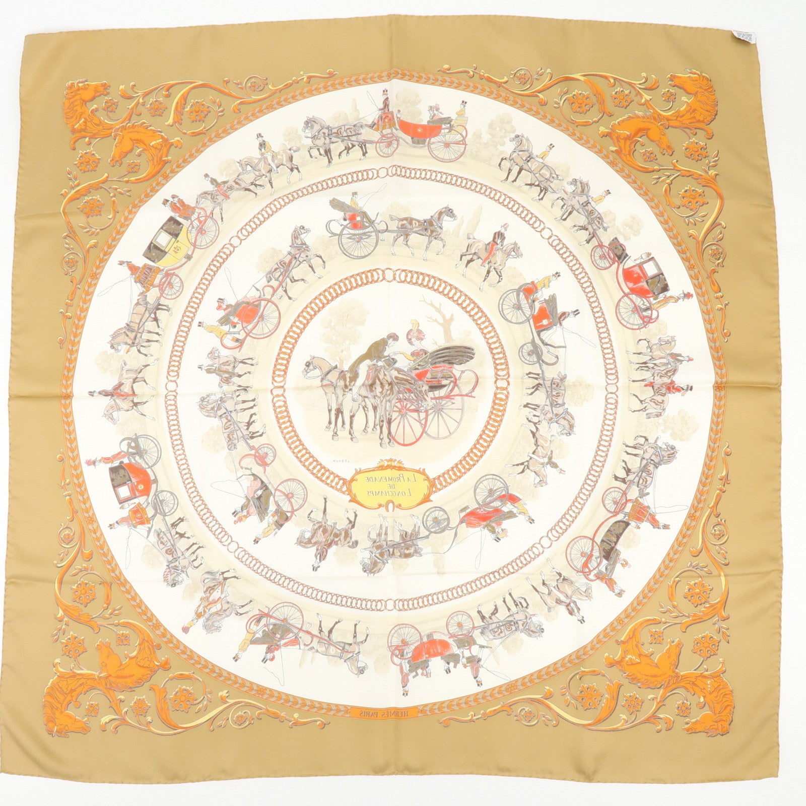 HERMES Carre 90 Silk 100% Scarf LA PROMENADE DE LONGCHAMPS Brown