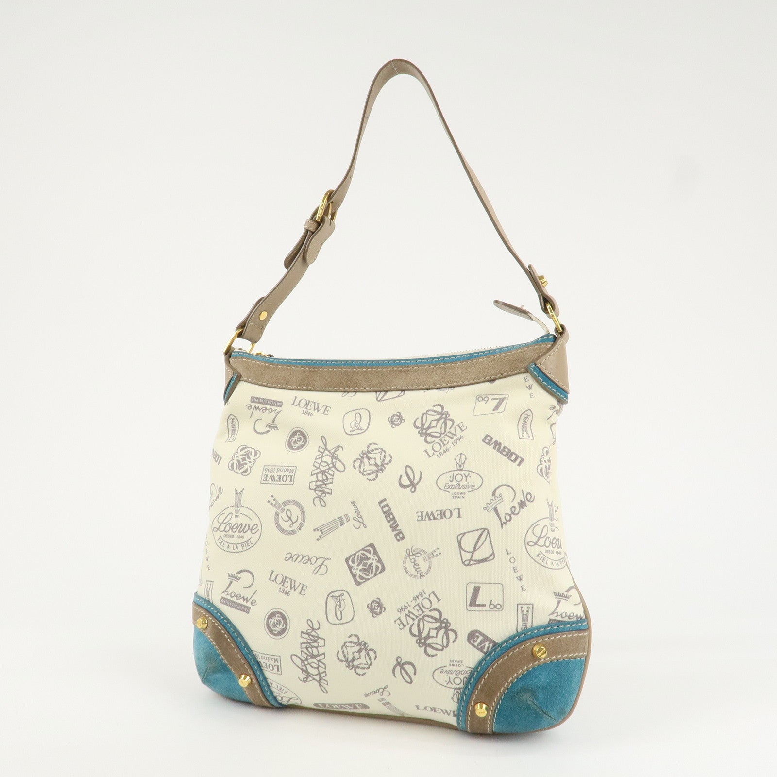 LOEWE Anagram Canvas Suede Leather Shoulder Bag Beige Blue Used