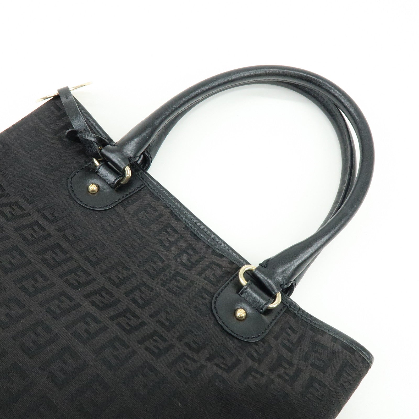 Fendi Zucchino Canvas Leather Hand Bag Tote Bag Black Brown 8BH139