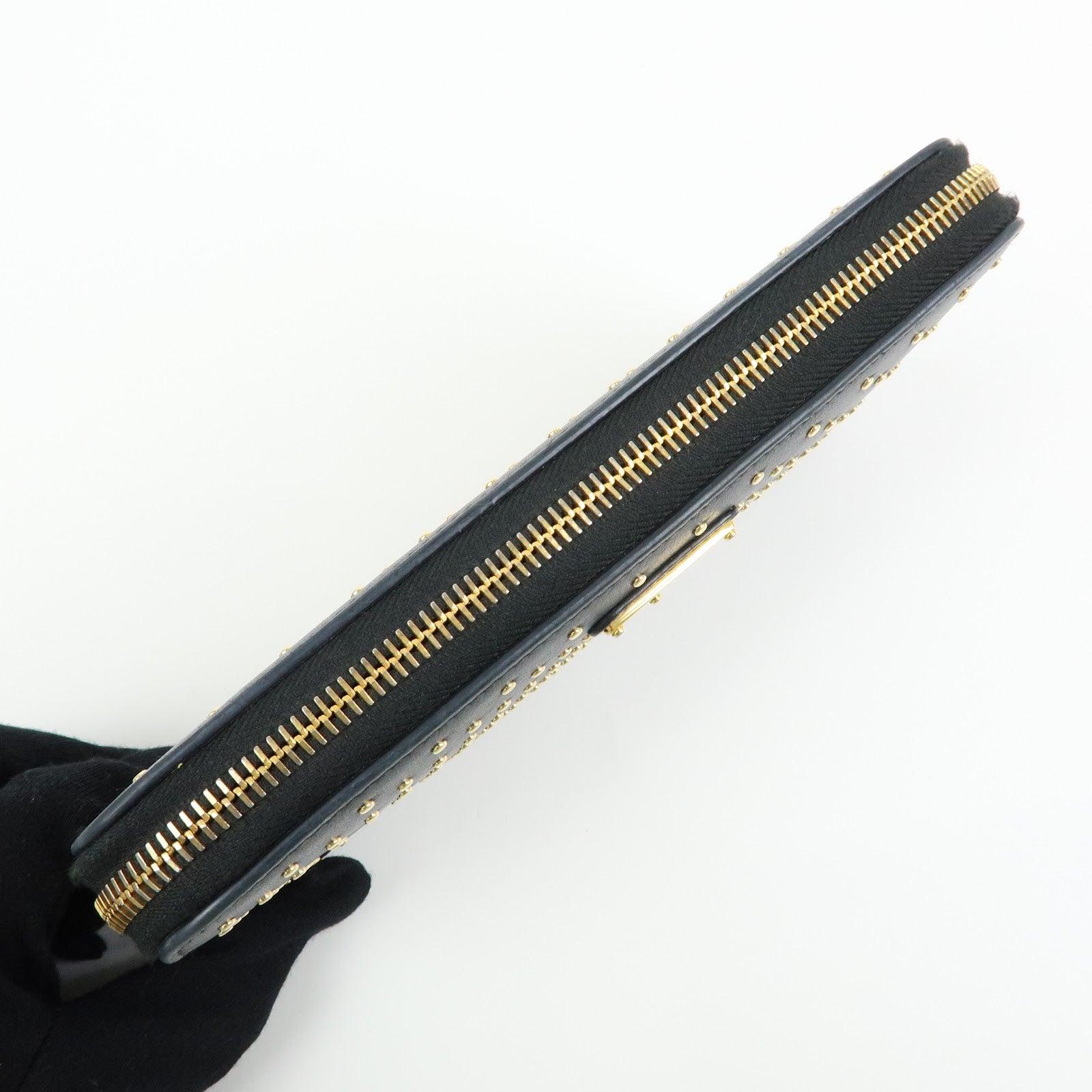 PRADA Triangle Logo Studs Leather Round Zippy Long Wallet Black