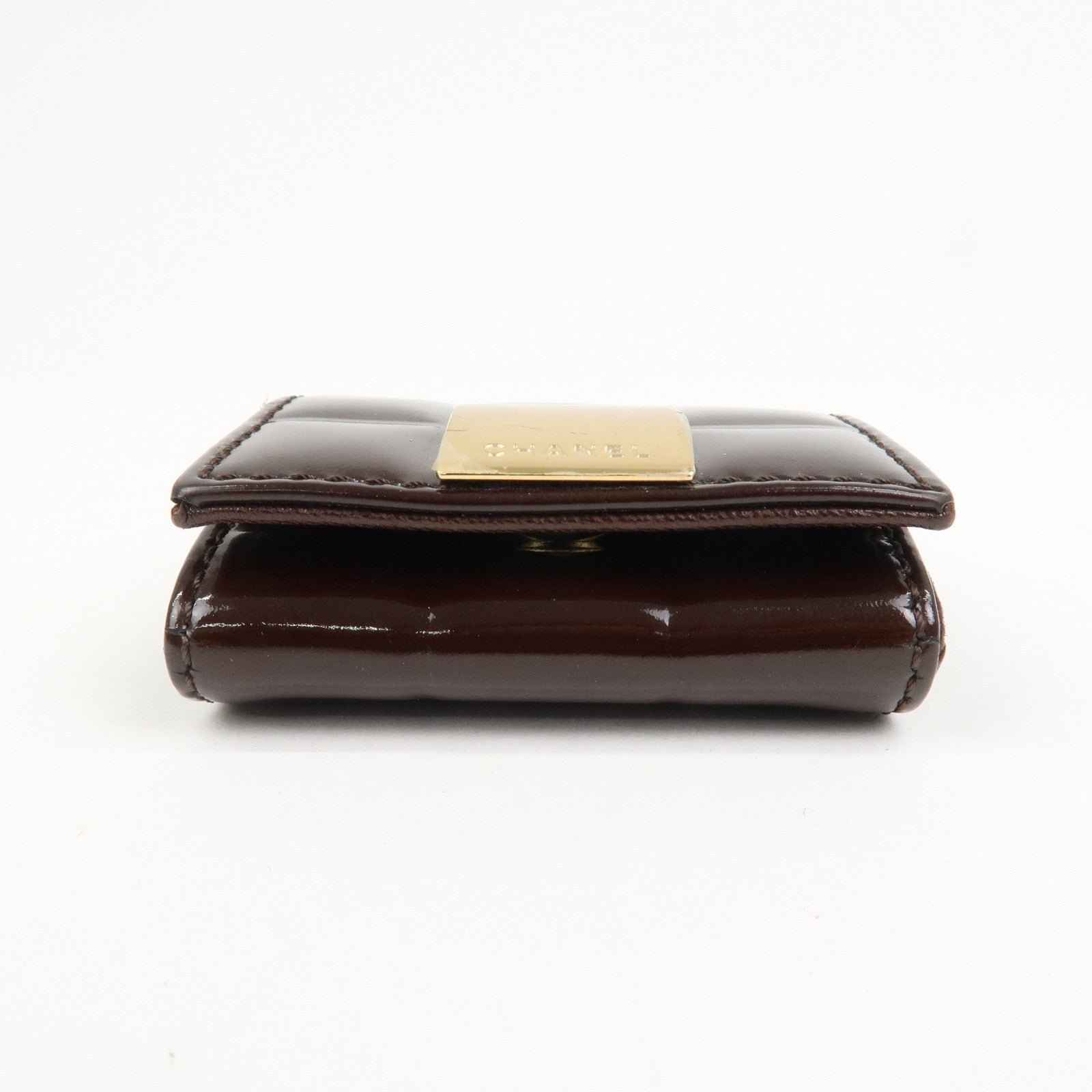 CHANEL Chocolate Bar Patent Leather Coin Case Coin Purse Brown