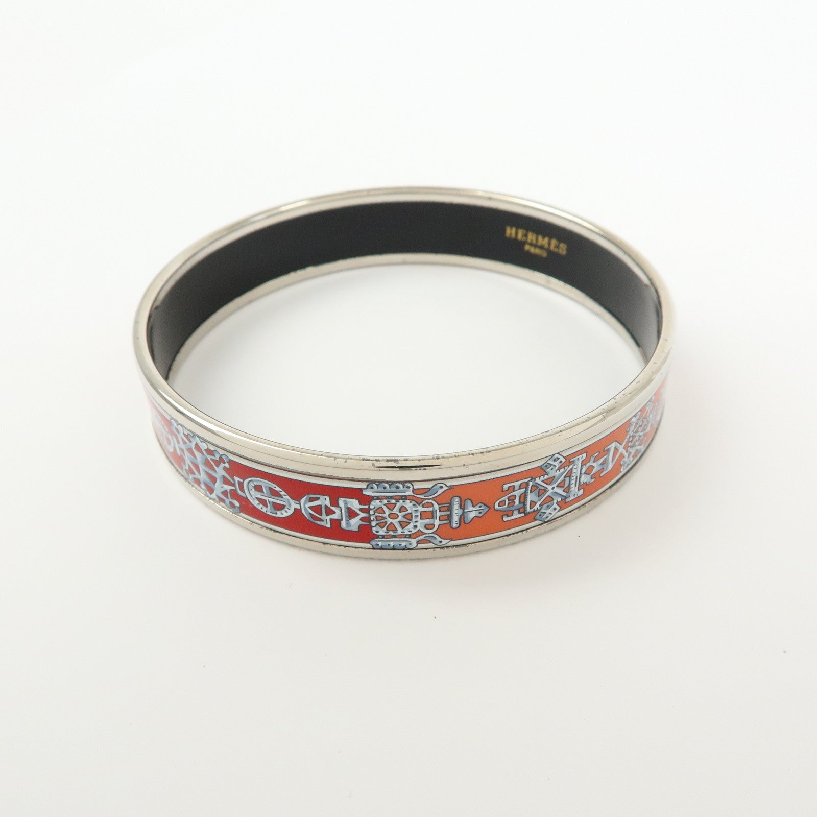 HERMES Email MM Bangle Plated Bracelet Red Silver